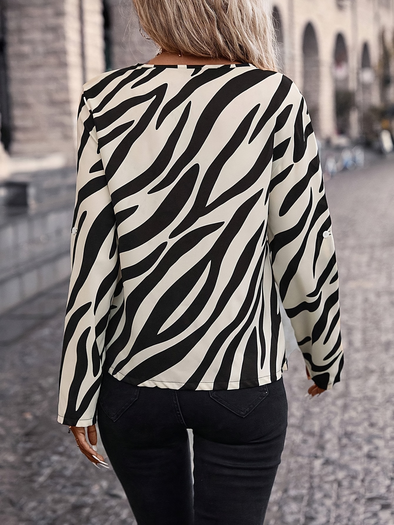 Zebra Stripe Print Zipper Front Shirt, Casual V Neck Long Sleeve Shirt For  Spring & Fall, Women's Clothing