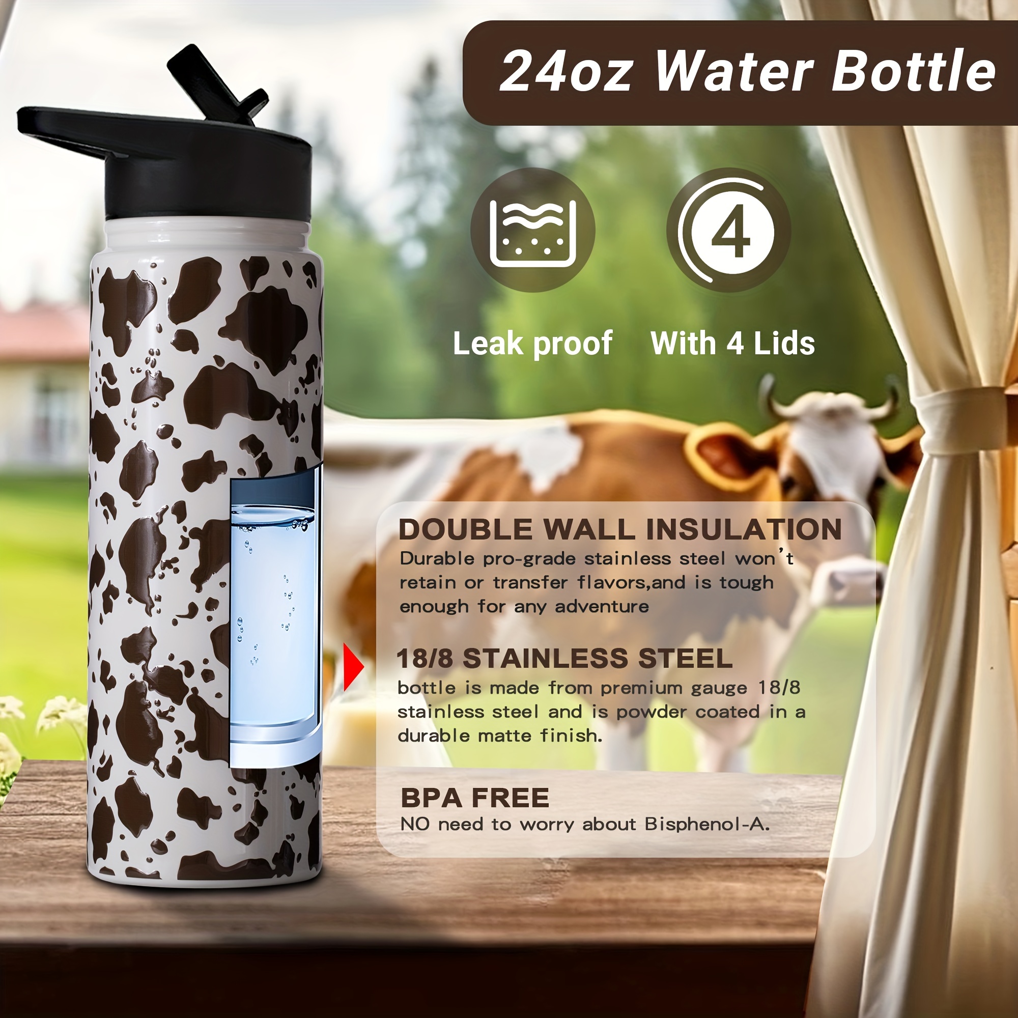 Insulated Wide Mouth Sports Water Bottle with Straw Lid 24oz