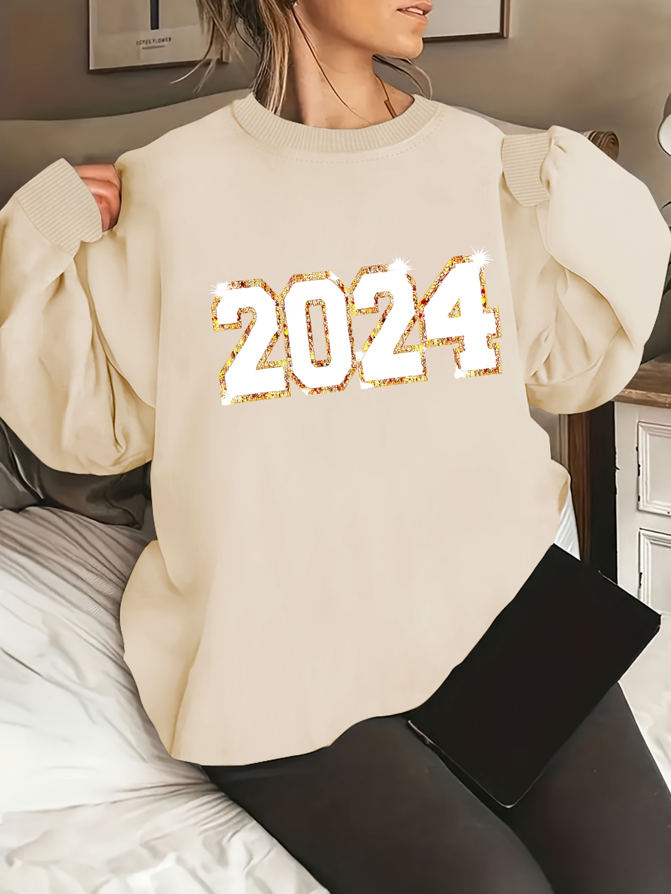 Número 2024 Impresión Cuello Redondo Sudadera Casual Moda - Temu