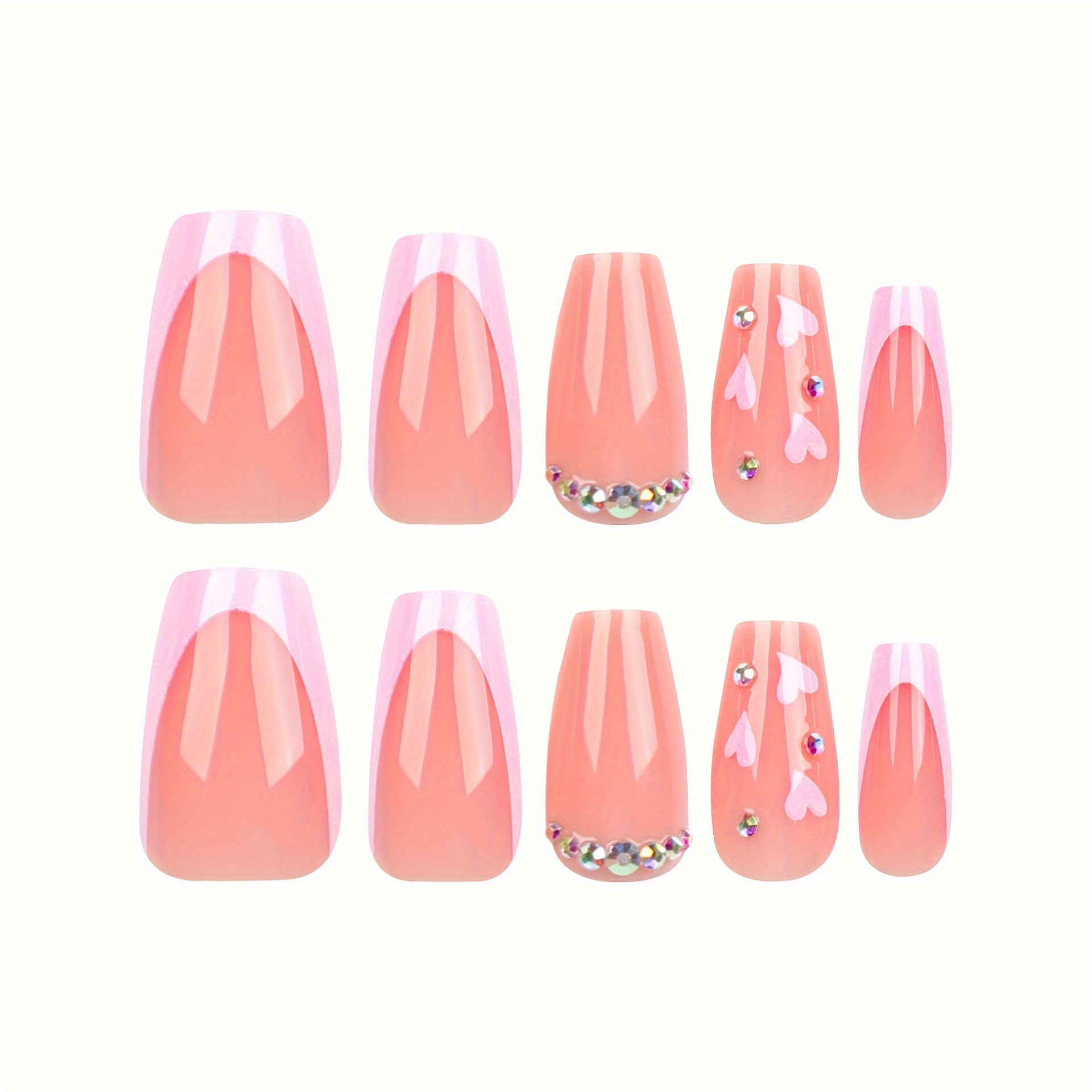 Instantly Upgrade Your Style With 24pcs Coffin Shaped Pink French Rhinestone  False Nails Full Set With 1pc Jelly Glue And 1pc Nail File