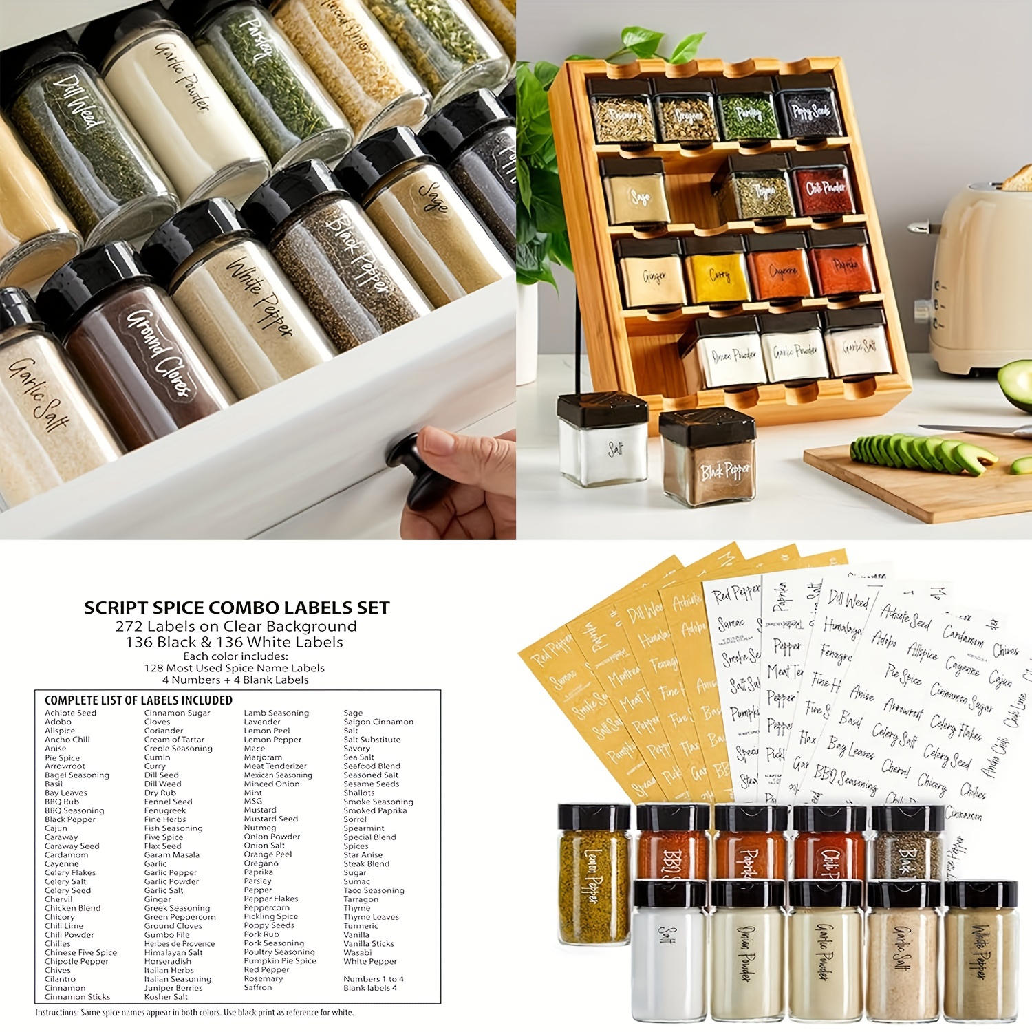 160 Minimalist Spice Jar Labels for Spice Cabinet, Preprinted Herb  Seasoning Kitchen Pantry Label Stickers, Waterproof Black Script Spice Jars  Rack