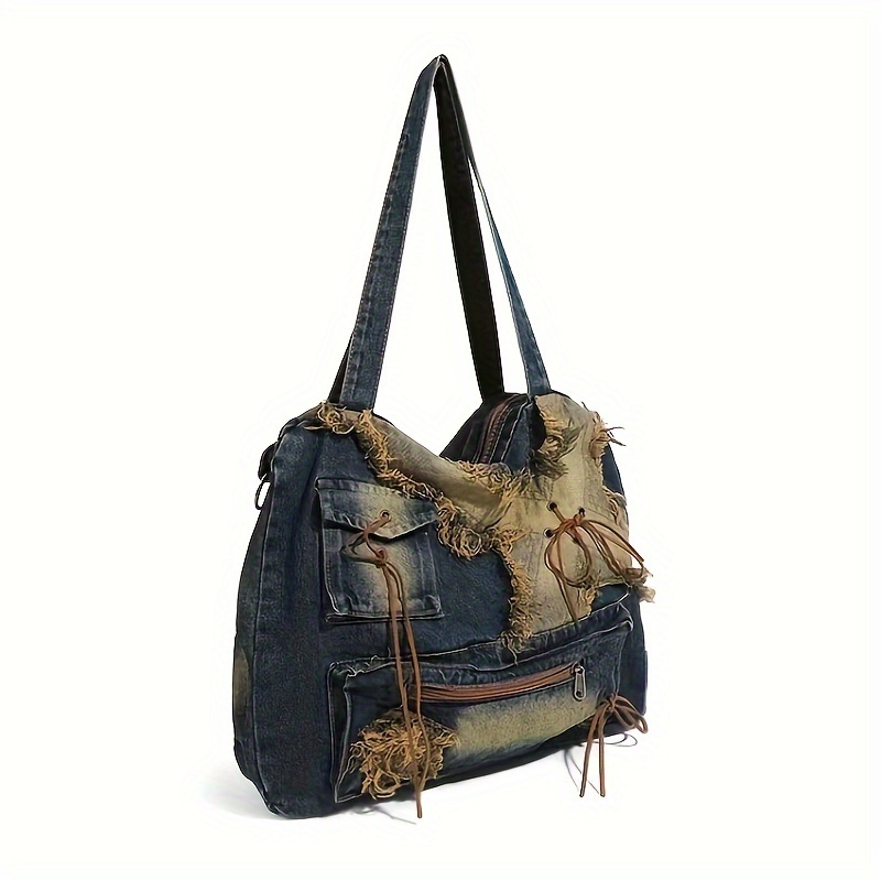 Y2K Denim Canvas Tote Bag, Vintage Stitching Shoulder Bag, Trendy Tassel Hobo Handbag For Women