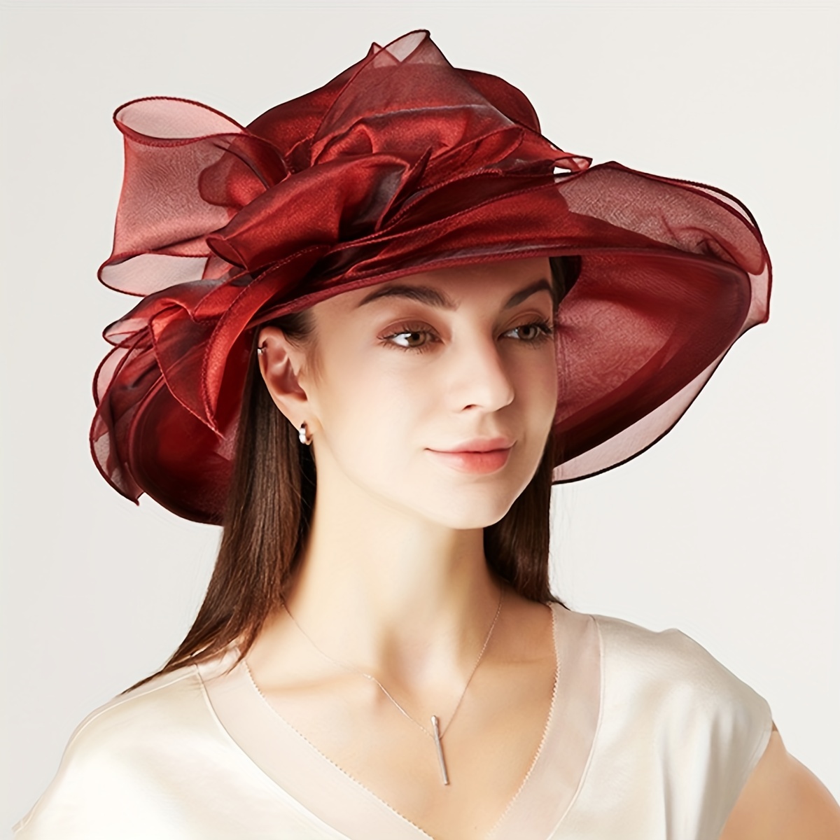Wine Red Organza Derby Hat Flower Decor Mesh Breathable Bucket Hat Elegant  Wedding Bridal Church Sun Hat Summer Travel Beach Hats