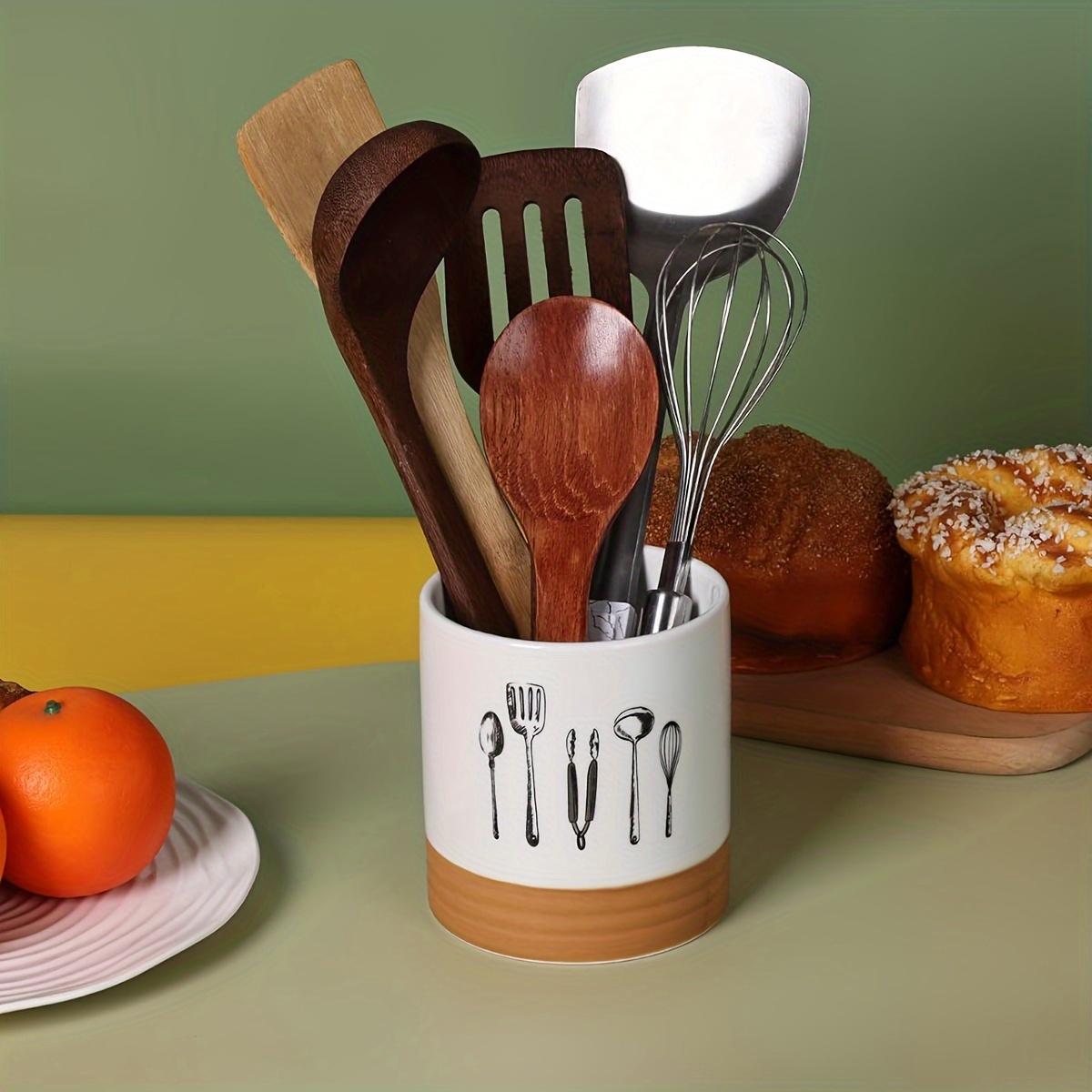 ceramic utensil holder for kitchen countertop spatula fork and whisk organizer multi functional food storage box farmhouse decor 4 1in details 0