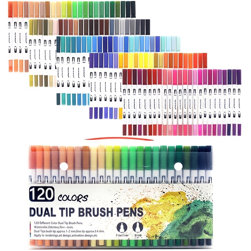 120 Colors Dual Tip Brush Pens with Brush Highlighter and Fine Tip Markers Art for Adults for Coloring Books Calligraphy Lettering
