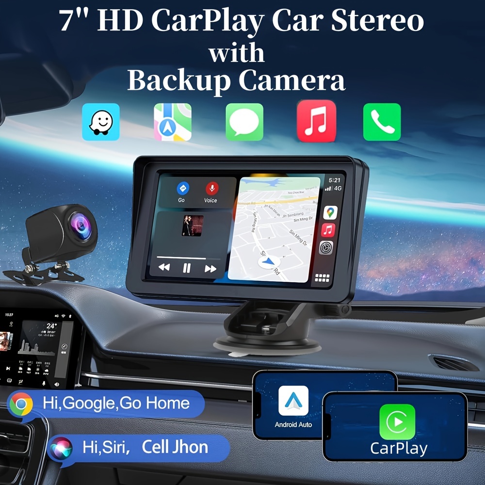 Estéreo de coche de doble DIN compatible con control de voz Carplay y  Android Auto-7 pulgadas HD LCD pantalla táctil, enlace espejo, subwoofer,  cámara