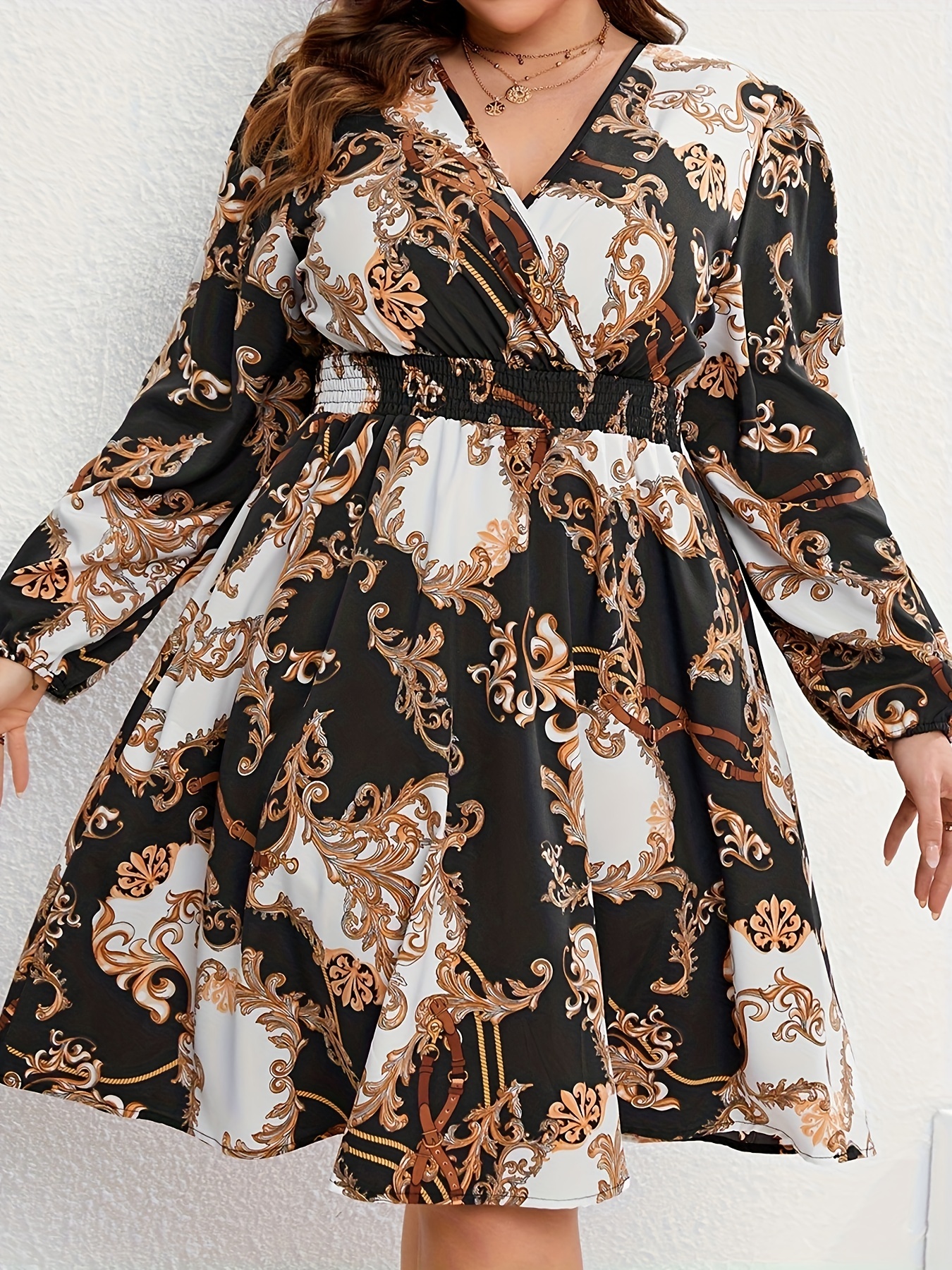 Plus Size Elegant Dress, Women's Plus Baroque Print Lantern Sleeve Surplice  Neck Nipped Waist Dress