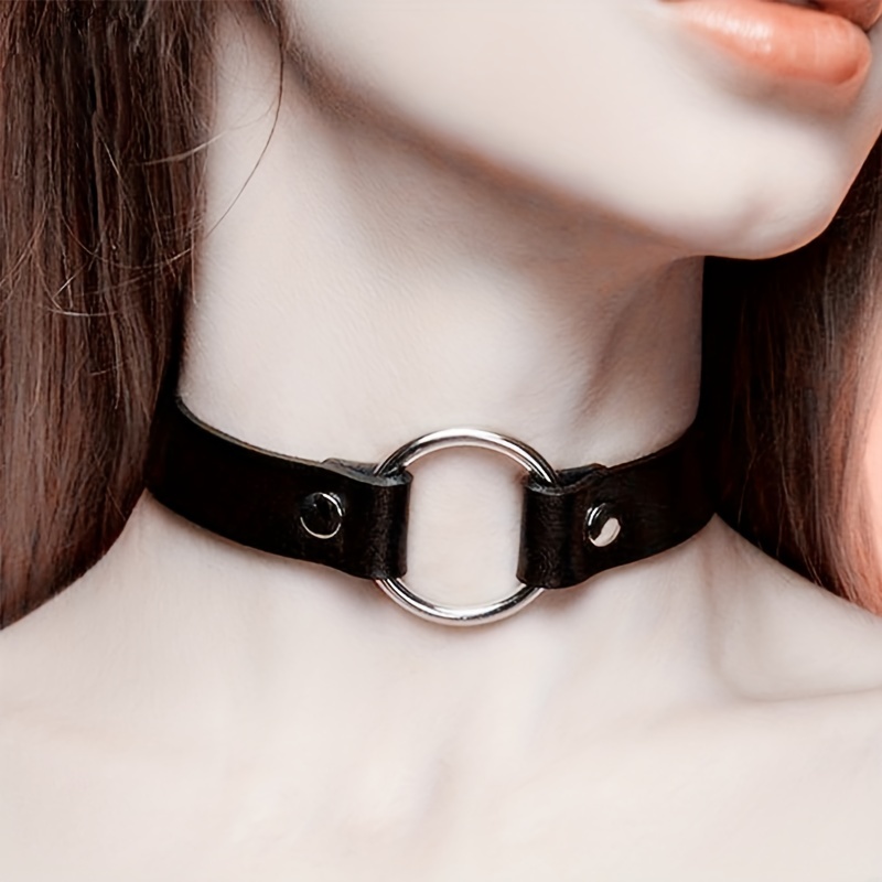 Women Men PU Leather Spike Rivet Stud Collar Choker Necklace Big O-ring  Punk Rock Gothic Chokers Adjustable Clavicle Chain 