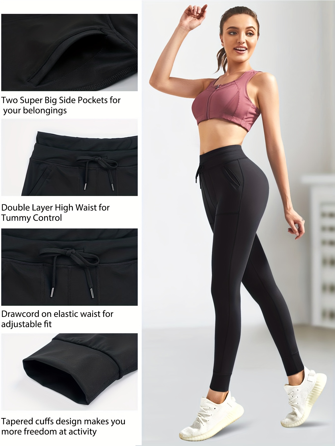 Solid Black High Waist Drawstring Slimming Yoga Leggings - Temu