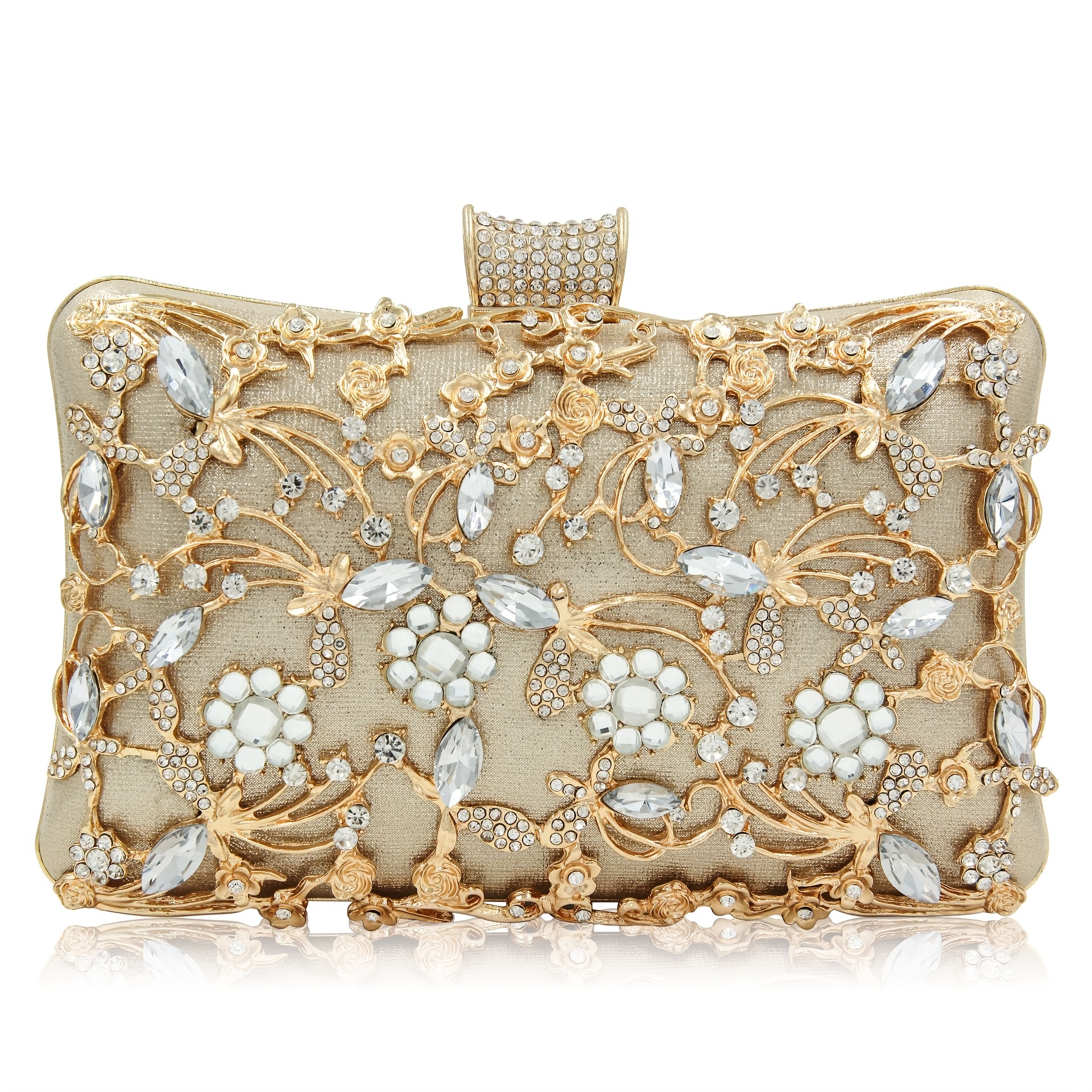 Rhinestone Luxury Clutch Bag, Flower Pattern Evening Shoulder Bag With  Chain For Party & Dinner
