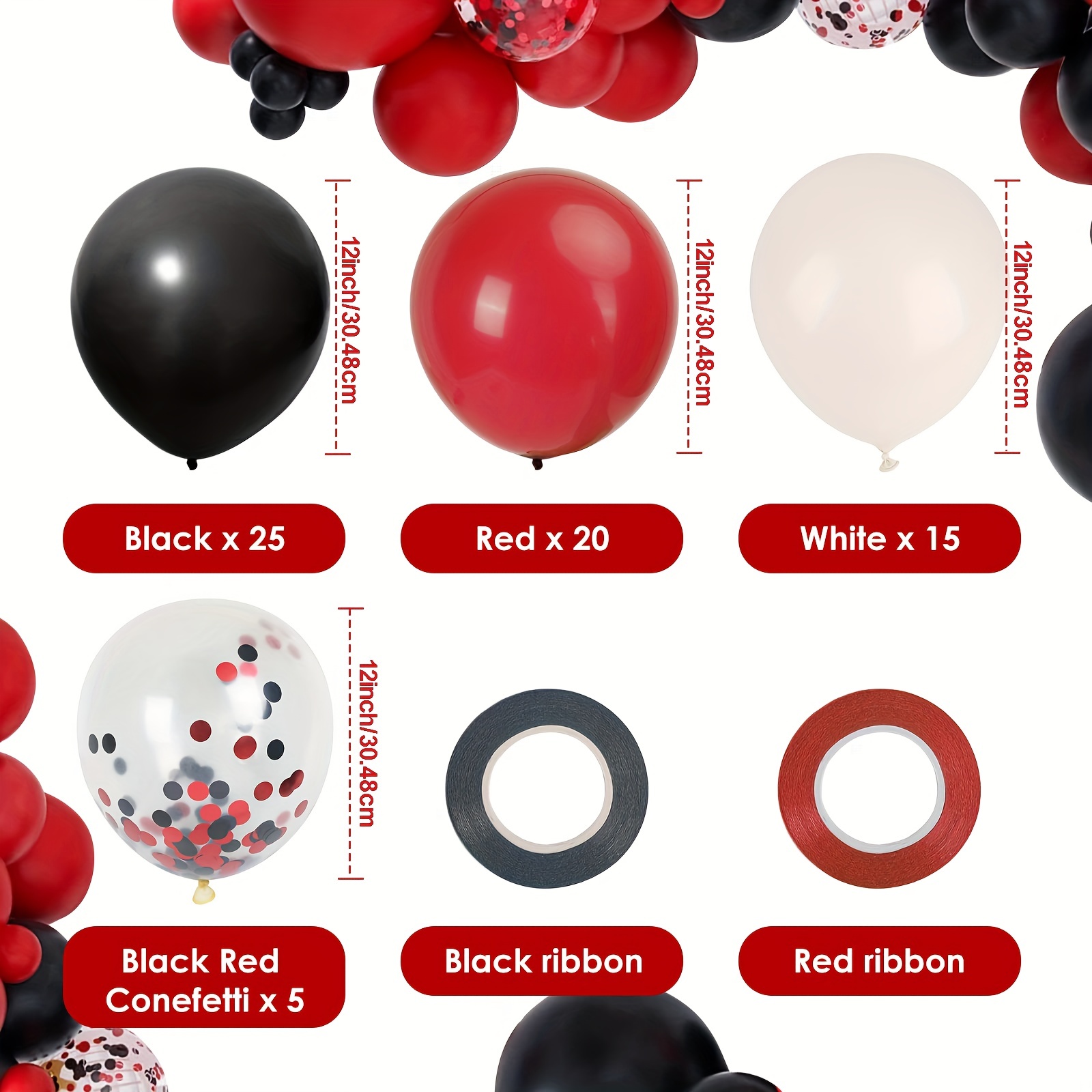 Kit 15 Ballons Coeurs Rouges, Guirlandes & Confettis