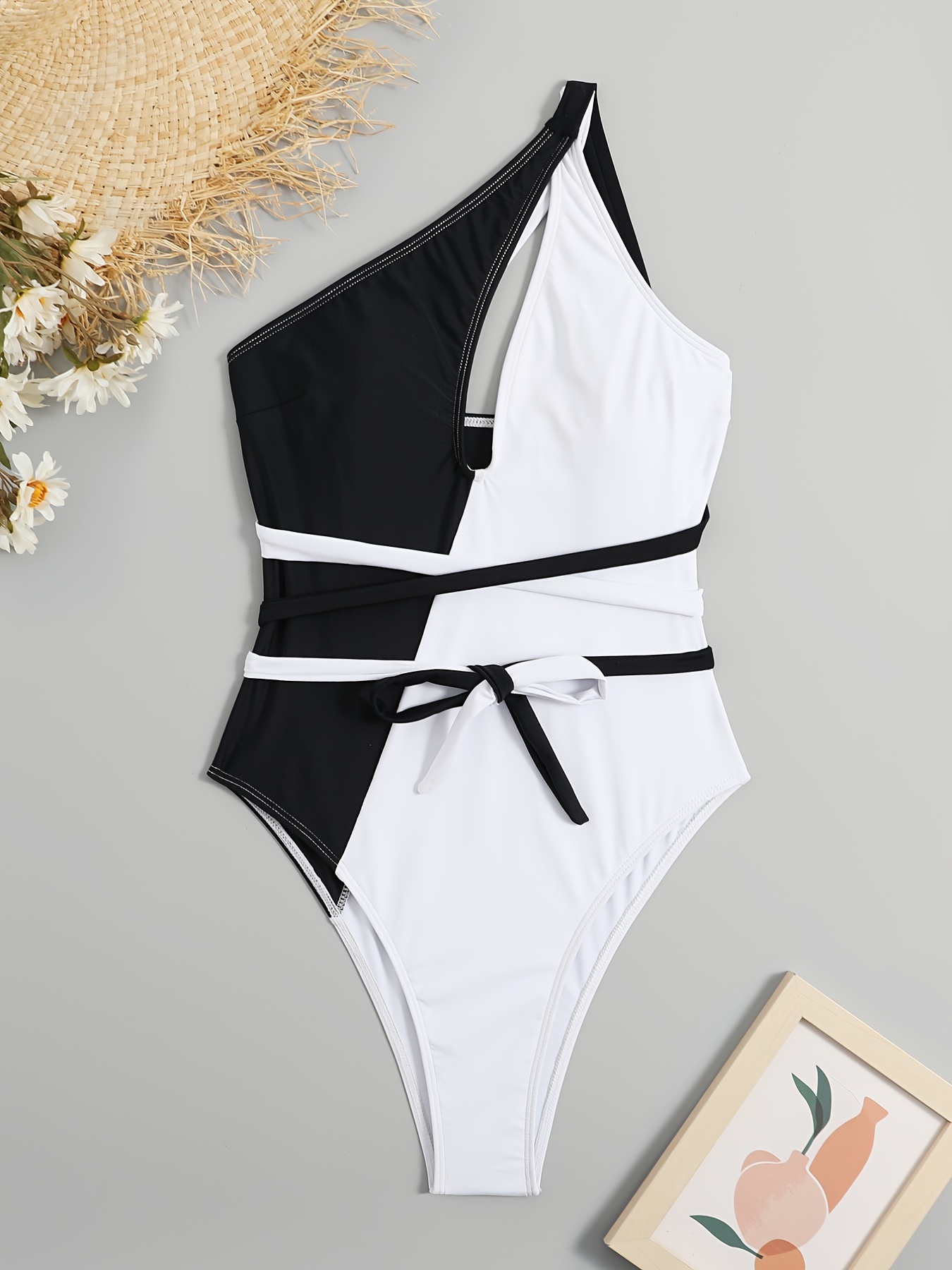 Colorblock One Shoulder Bathing Suit Asymmetrical Neck - Temu