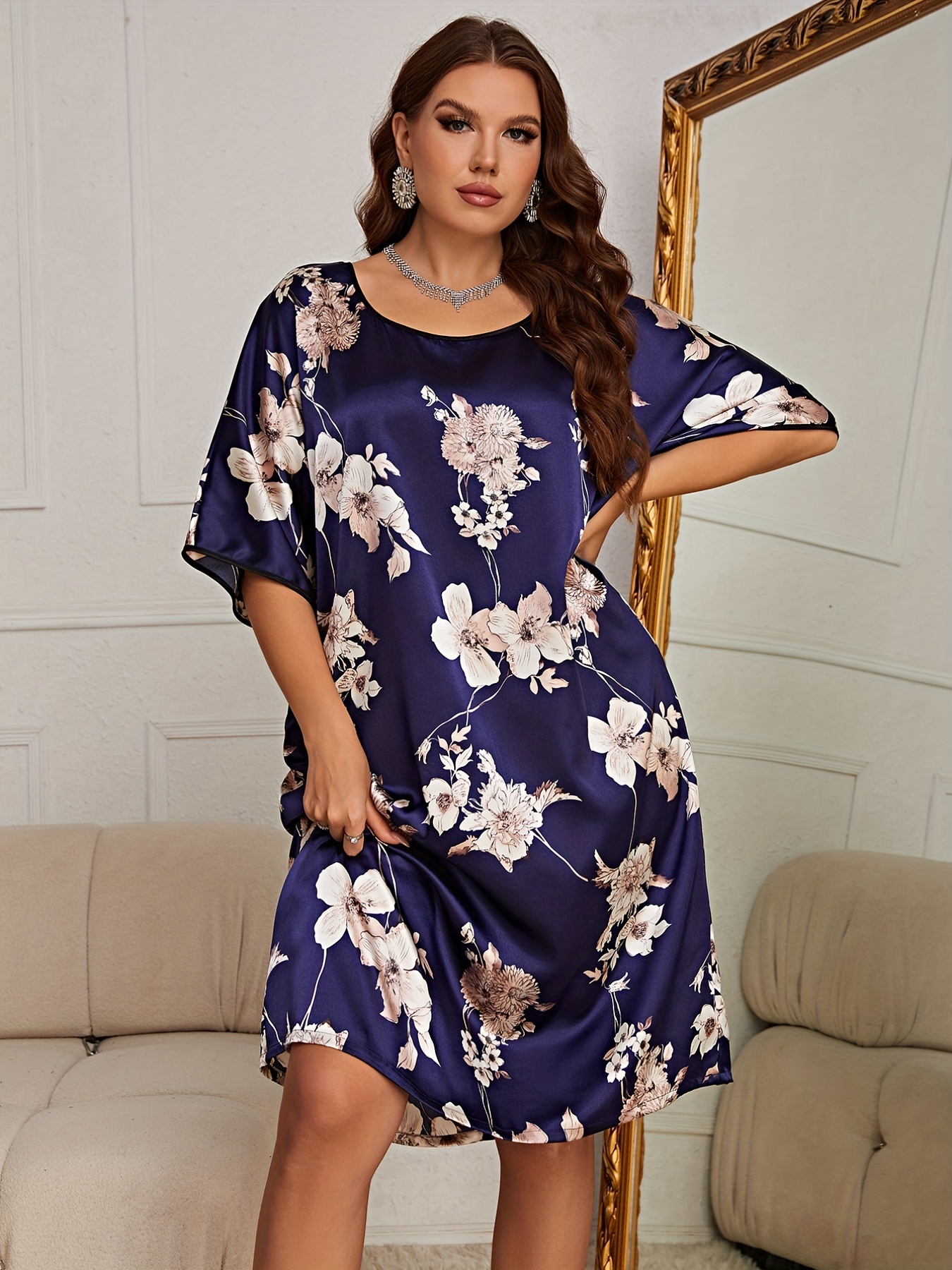 Plus Size Cute Nightgown, Women's Plus Star Print Half Sleeve Round Neck  Satin Sleep Dress