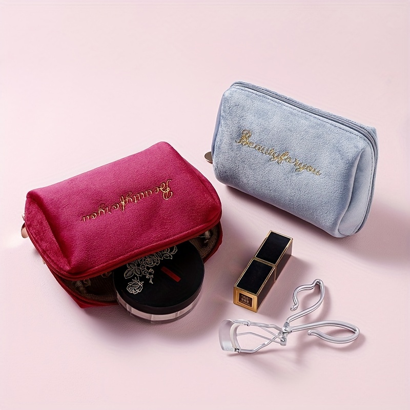 

Soft Letter Embroidery Mini Cosmetic Bag, Zipper Solid Color Cute Makeup Coin Lipstick Storage Bag, Portable Mini Toiletry Bag