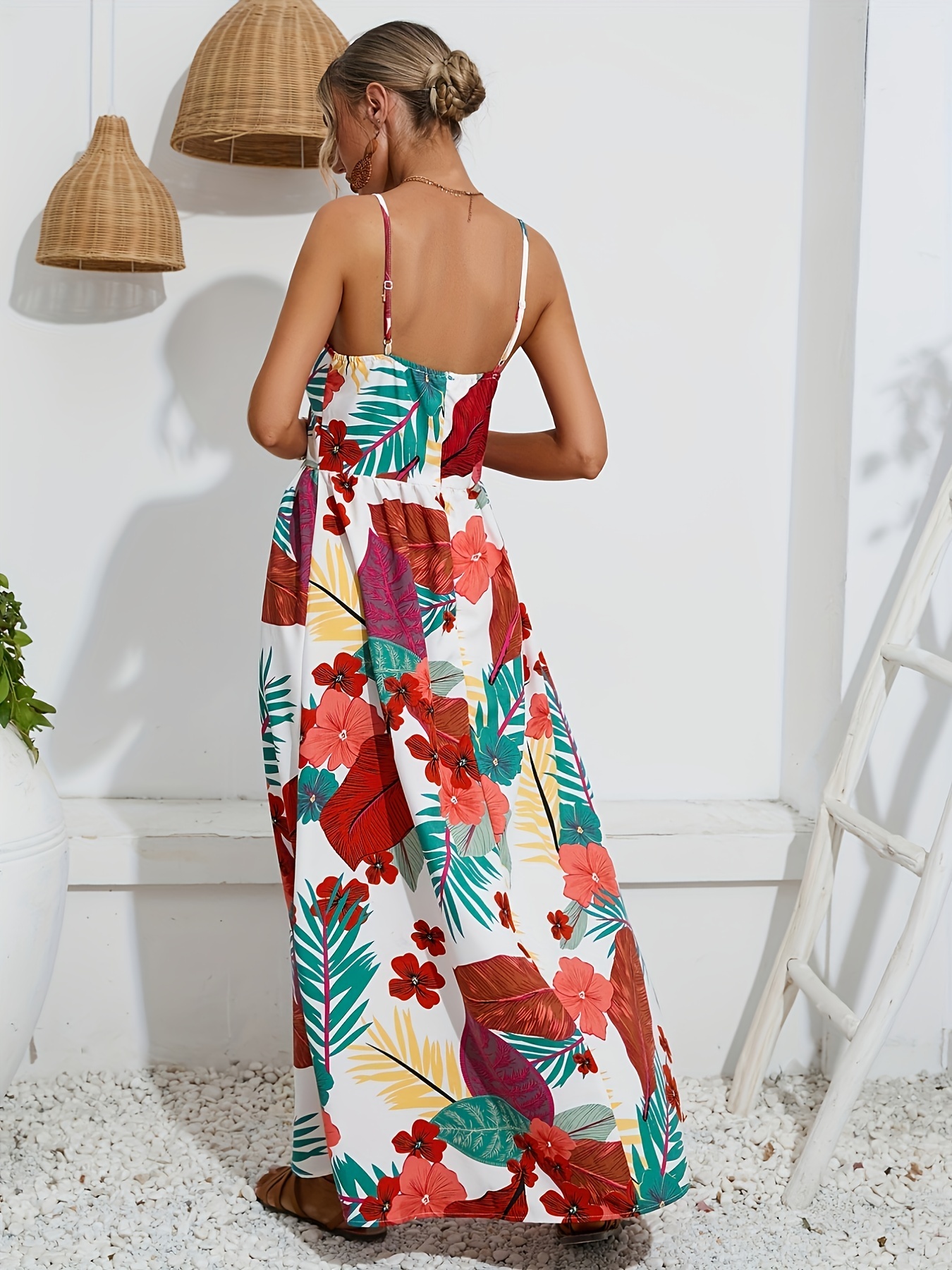 Floral Print Spaghetti Dress Elegant Split Backless Cami Temu