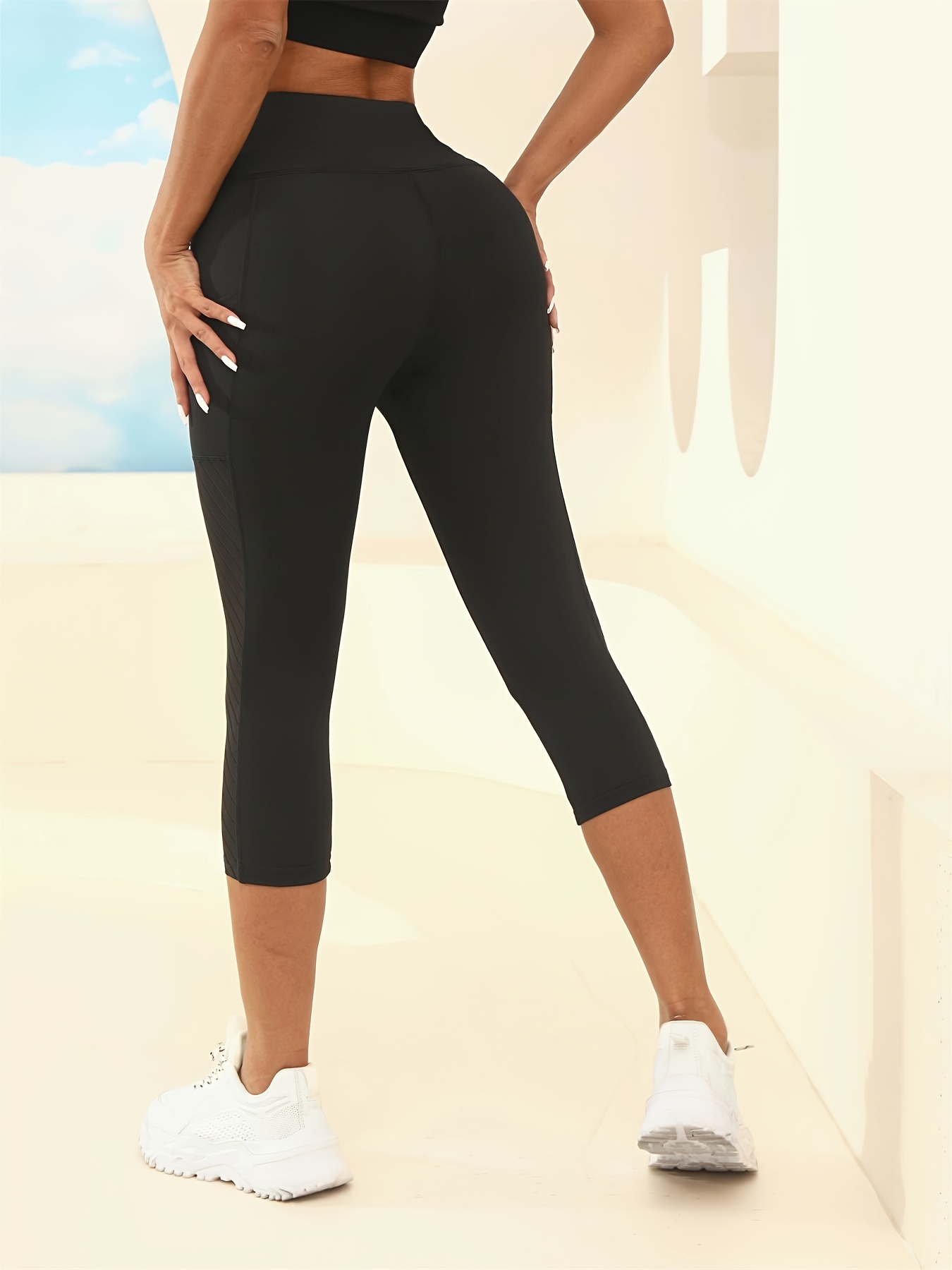 Women High Waist Black Capri Yoga Mesh Pants Leggings Pocket Gym