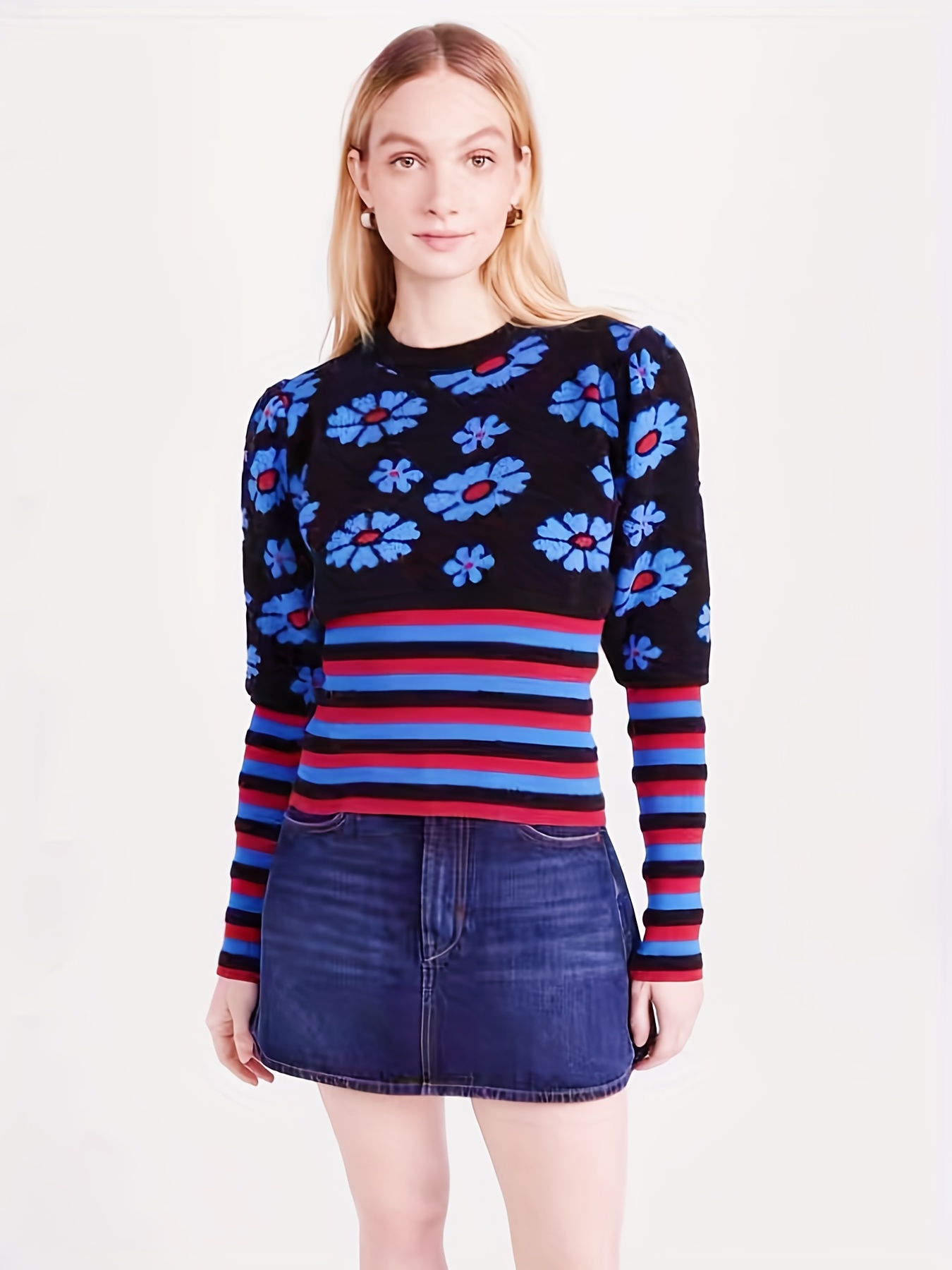 Floral Stripe Print Knitted Sweater, Casual Crew Neck Sweater For Fall &  Winter, Women's Clothing