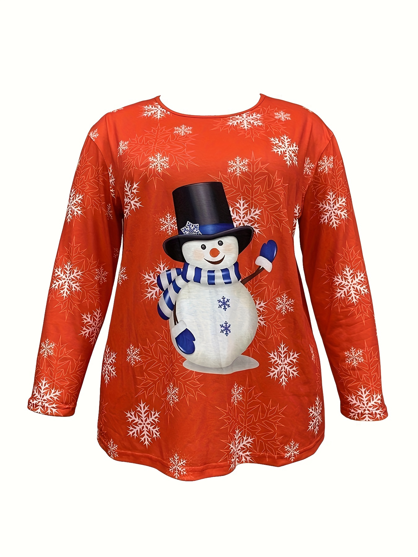 Plus Size Christmas Top, Women's Plus Cute Snowman Print Long Sleeve Round  Neck Slight Stretch Top