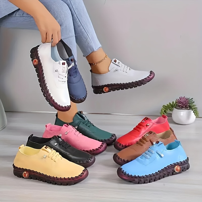 Women's Handmade Flat Sneakers, Solid Color Lace Up Round Toe Faux ...