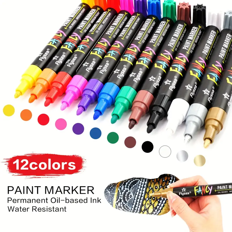 12 Pcs Paint Markers Pens,Painting Markers ,Waterproof, Quick Dry And  Permanent Oil-Based Paint-Marker Pen Set For Cardboard, Plastic, Wood,  Metal, Ce