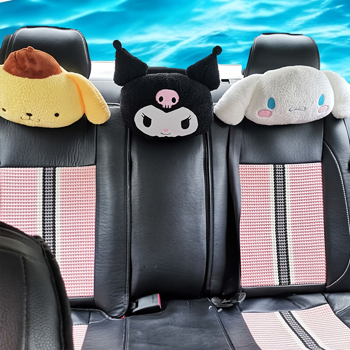 Cute Sanrio Kuromi My Melody Car Seat Pillow Pink Car Headrest Neck Pillow  And Seat Belt Cartoon Plush Head Cushion Neck Support 