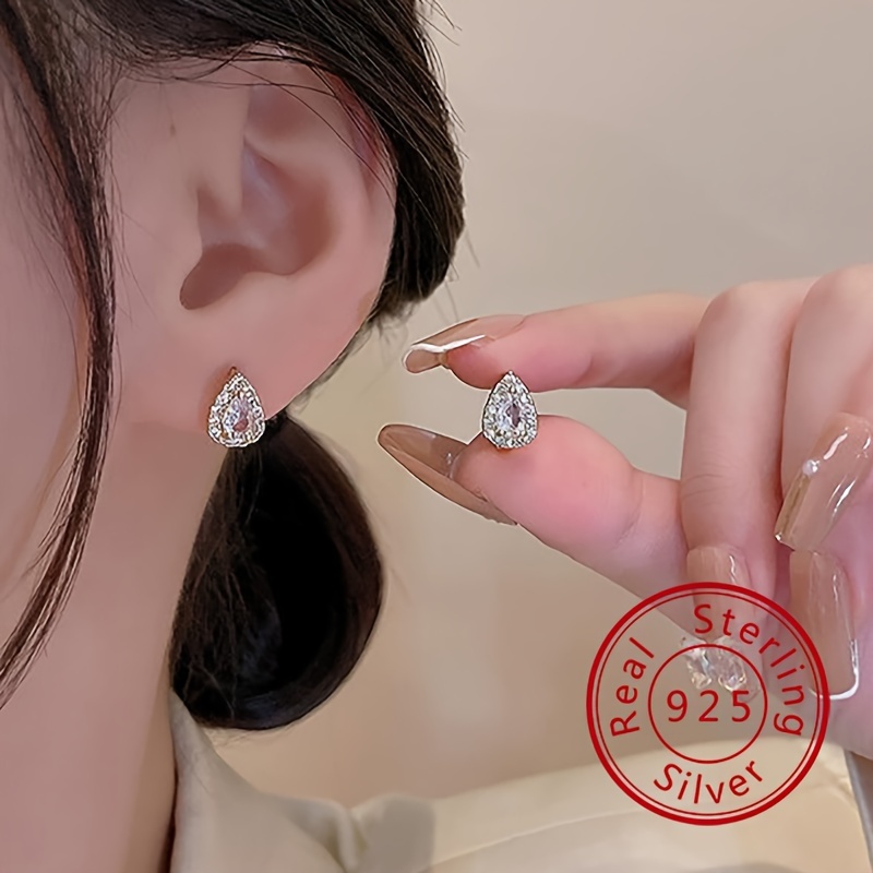 

Tiny 925 Sterling Silver Hypoallergenic Stud Earrings Water Drop Shaped With Zircon Inlaid Elegant Luxury Style Female Dating Gift