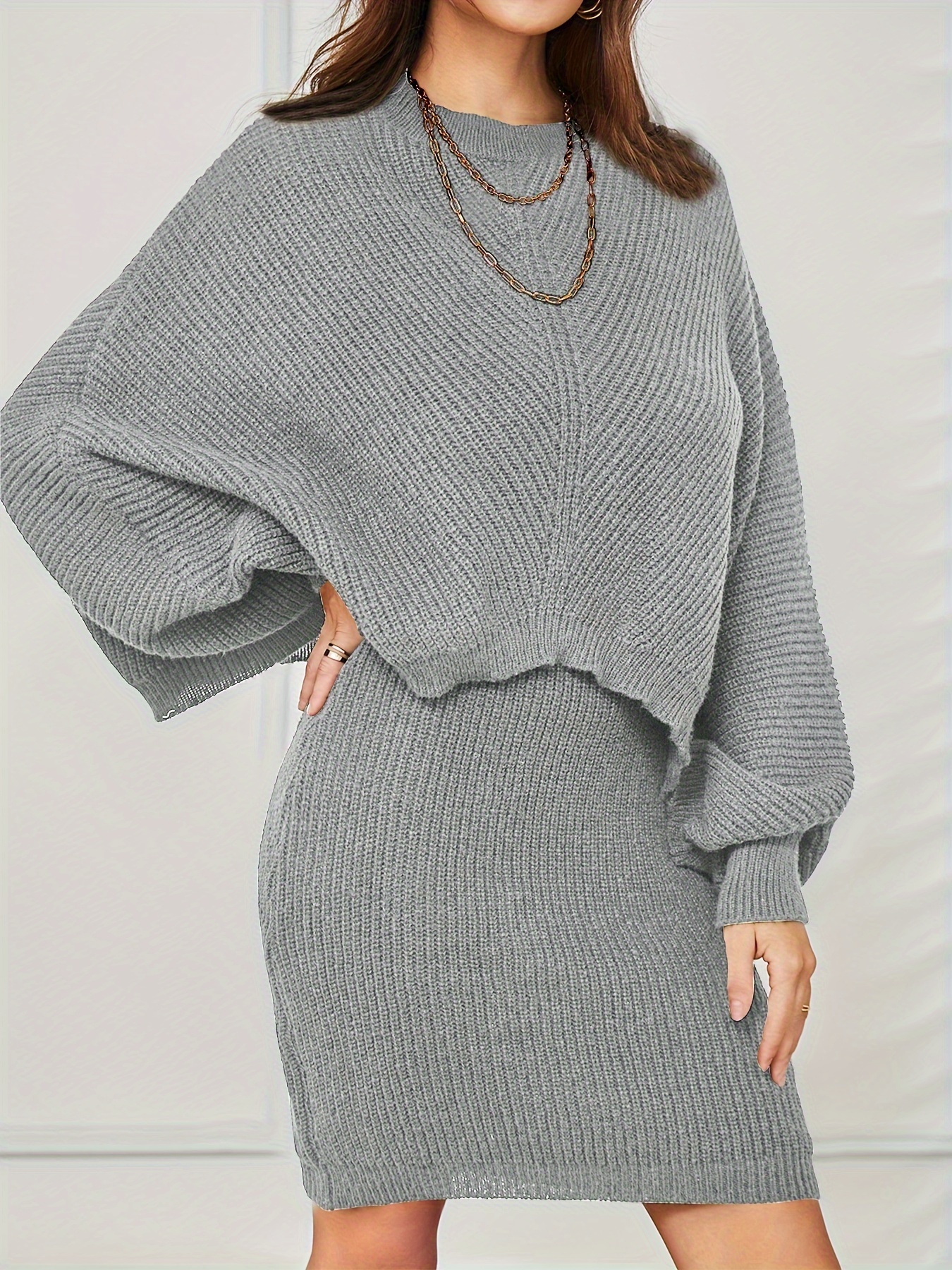 Knit Pullover Sweater and Cami Dress Set, Women Elegant Knitted
