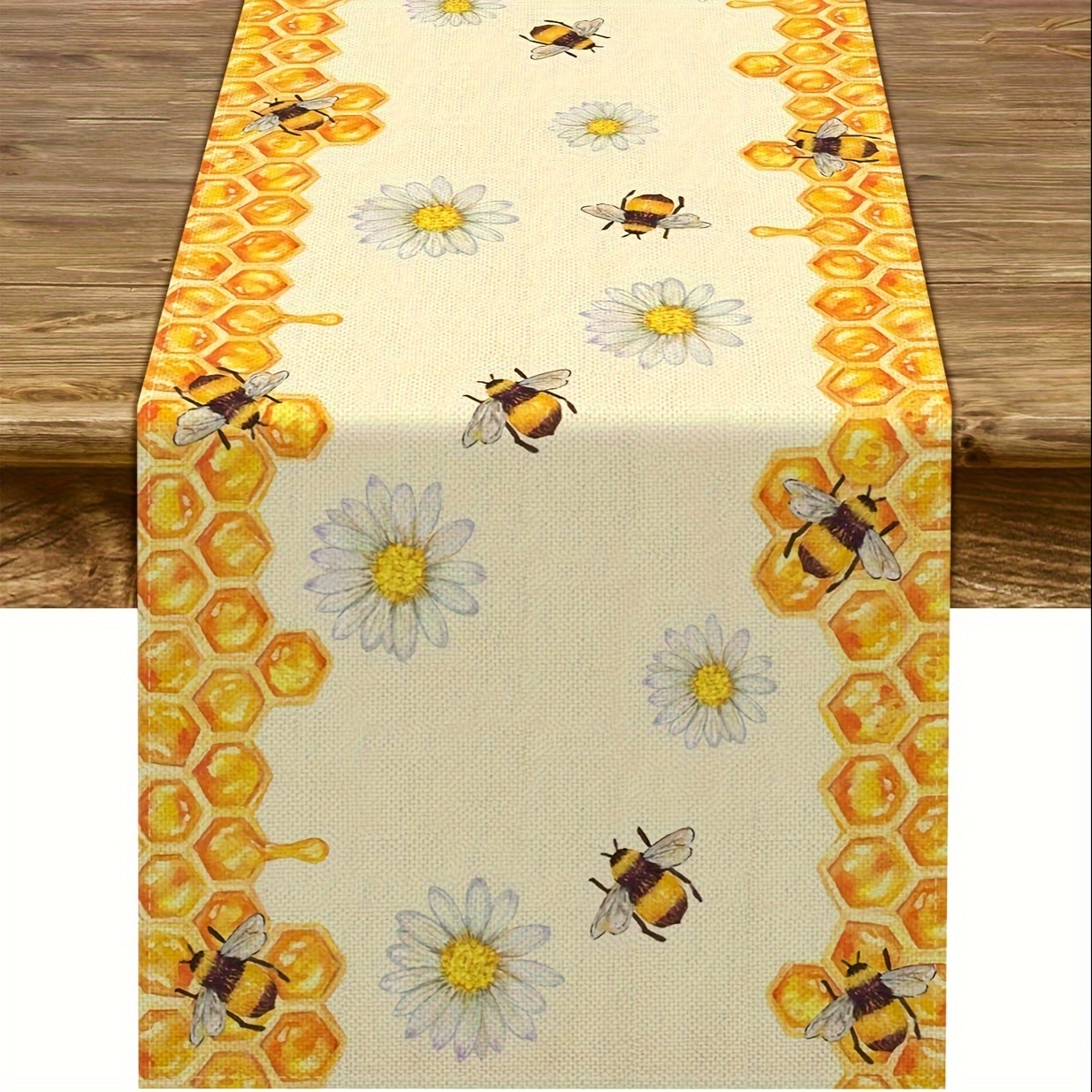 TEMU 1 pièce Nappe en Lin Abeille Marguerite, Couverture de Table Rustique Ferme Maison Décoration Fête Anniversaire Garçon Fille Intérieur Extérieur