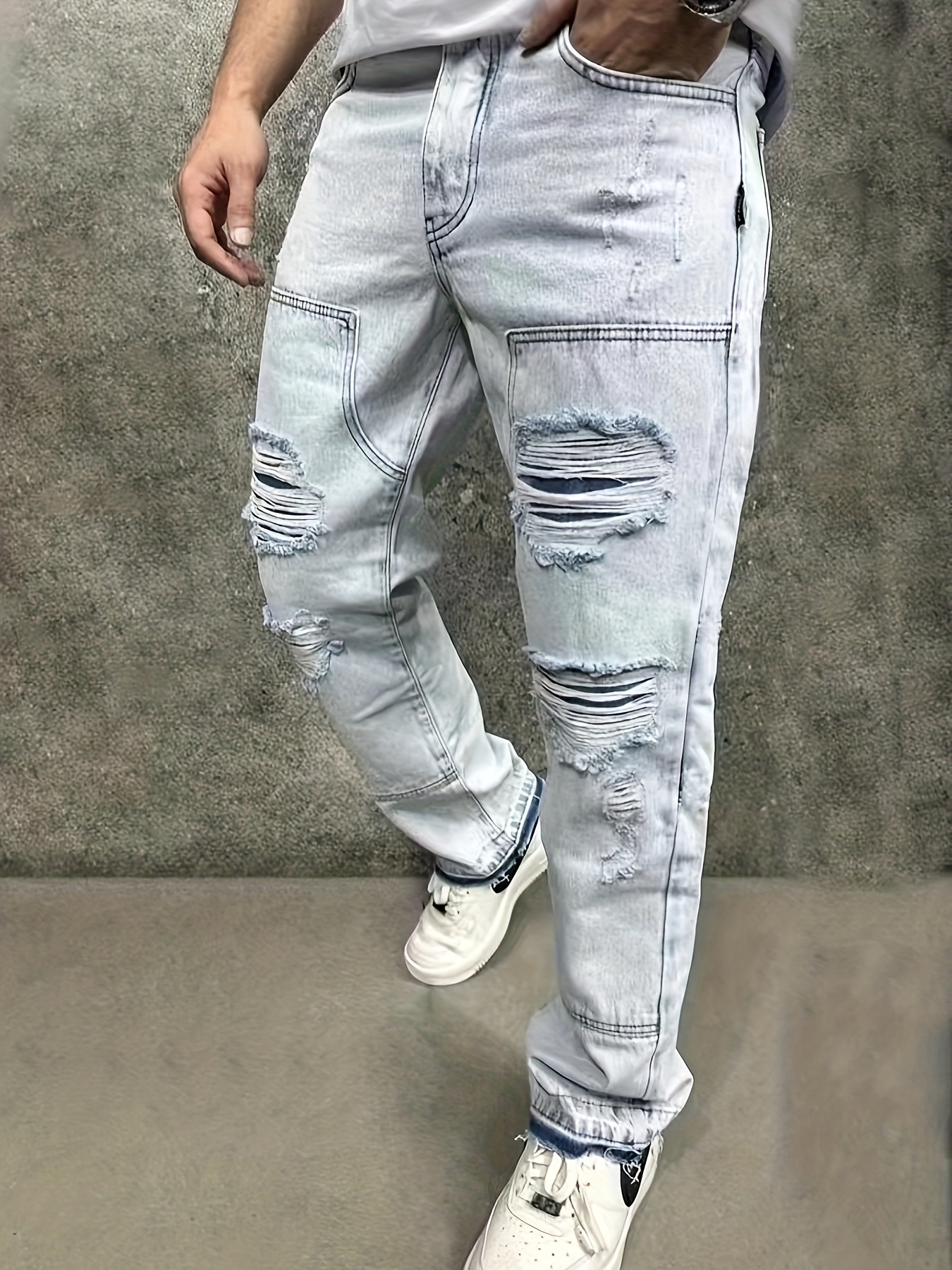 Loose Fit Ripped Baggy Jeans Men's Casual Street Style Wide - Temu