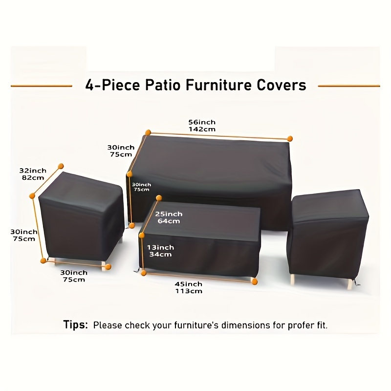 Image of 4pcs Outdoor Furniture Cover Includ Ourdoor Sofa Cover, 2 Chair Covers, Coffee Table Cover With Wind Strap And Adjustable Drawstring. Suitable For Use Room, Courtyard, Balcony Patio Furniture.