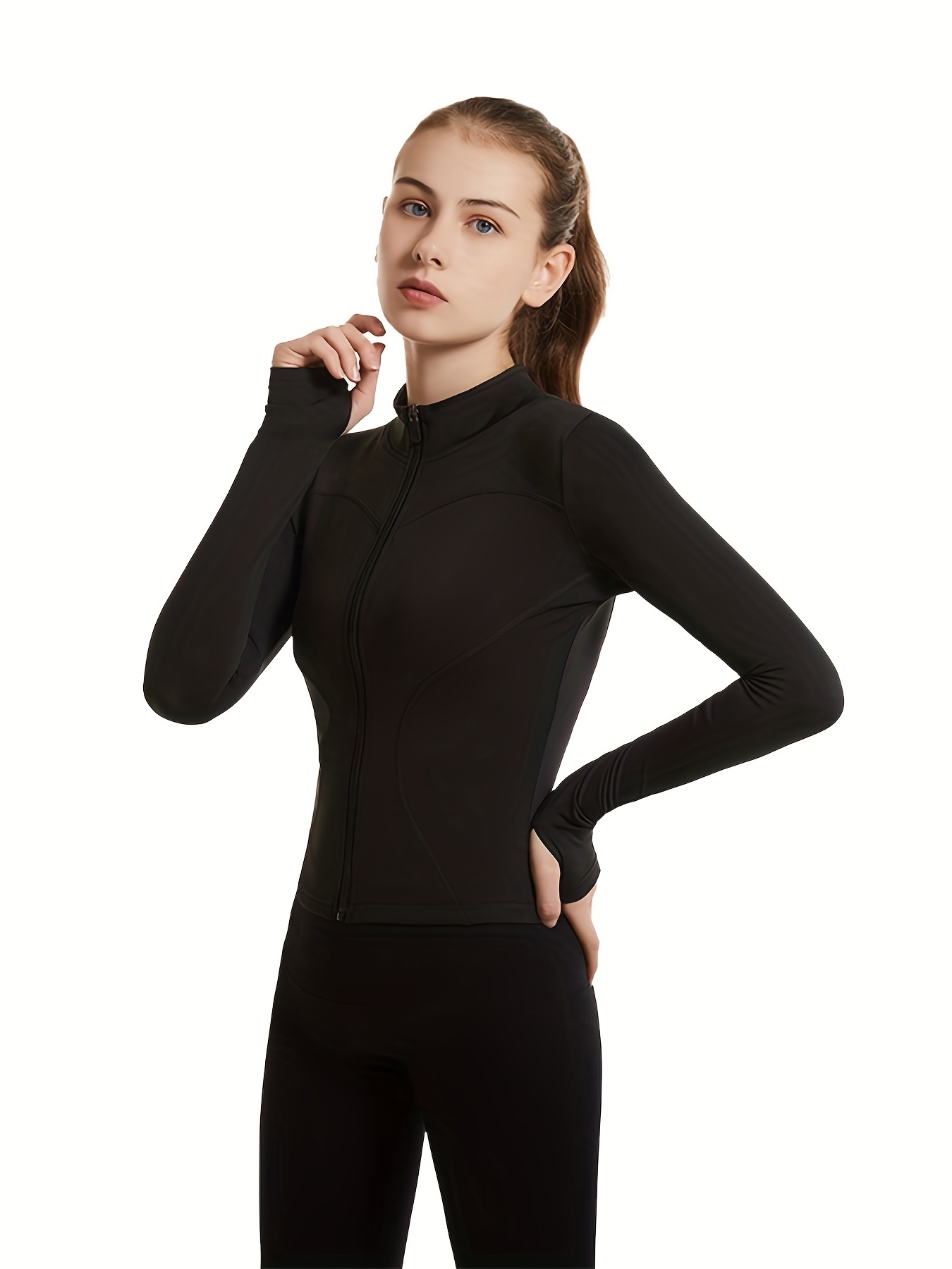 Plus Black Long Sleeve Zip Up Sports Top