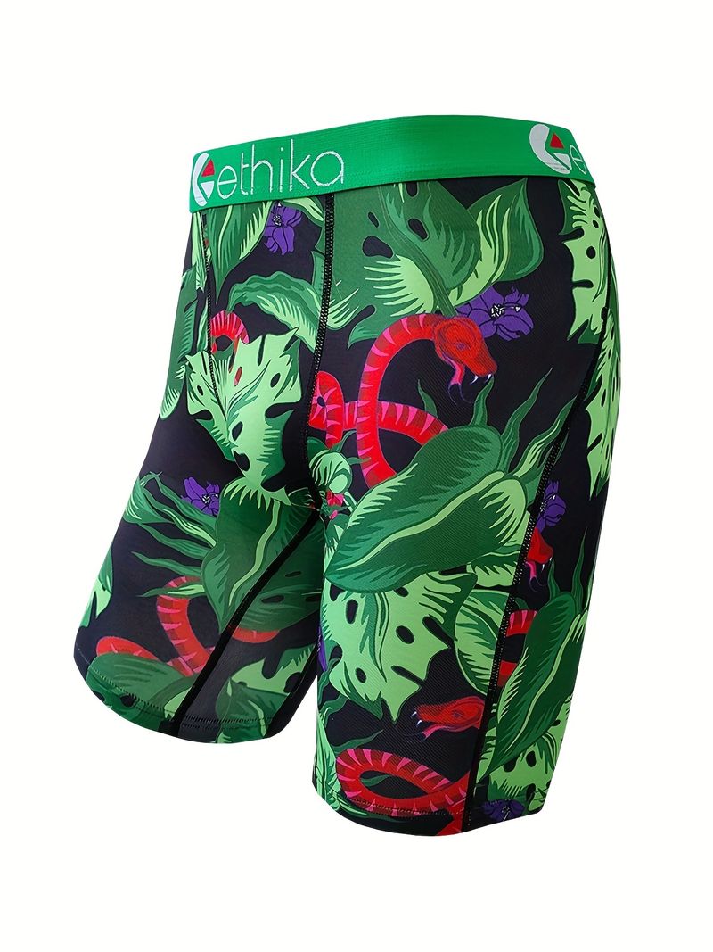 Men's Tropical Plants Print Breathable Boxer Briefs, Novelty Comfortable High Elastic Underwear details 1