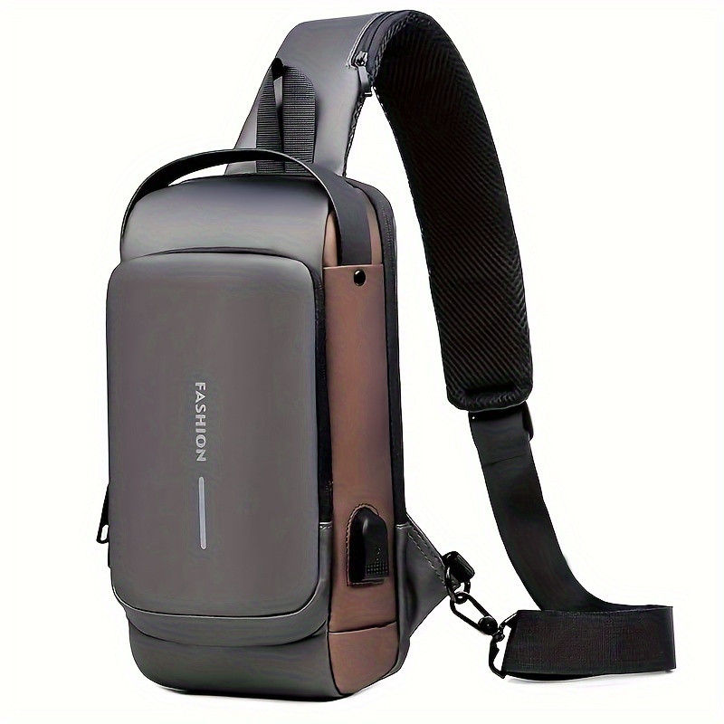 Mochila Bandolera de Pecho Cuero USB de Hombre Celular Morral