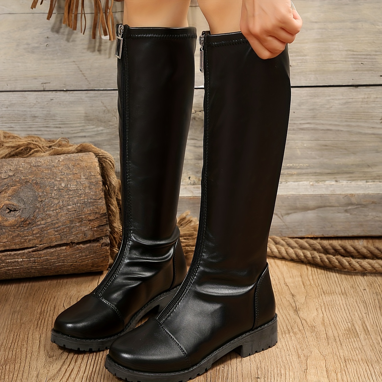 Women's Front Zipper Long Boots match Faux Leather Knee High