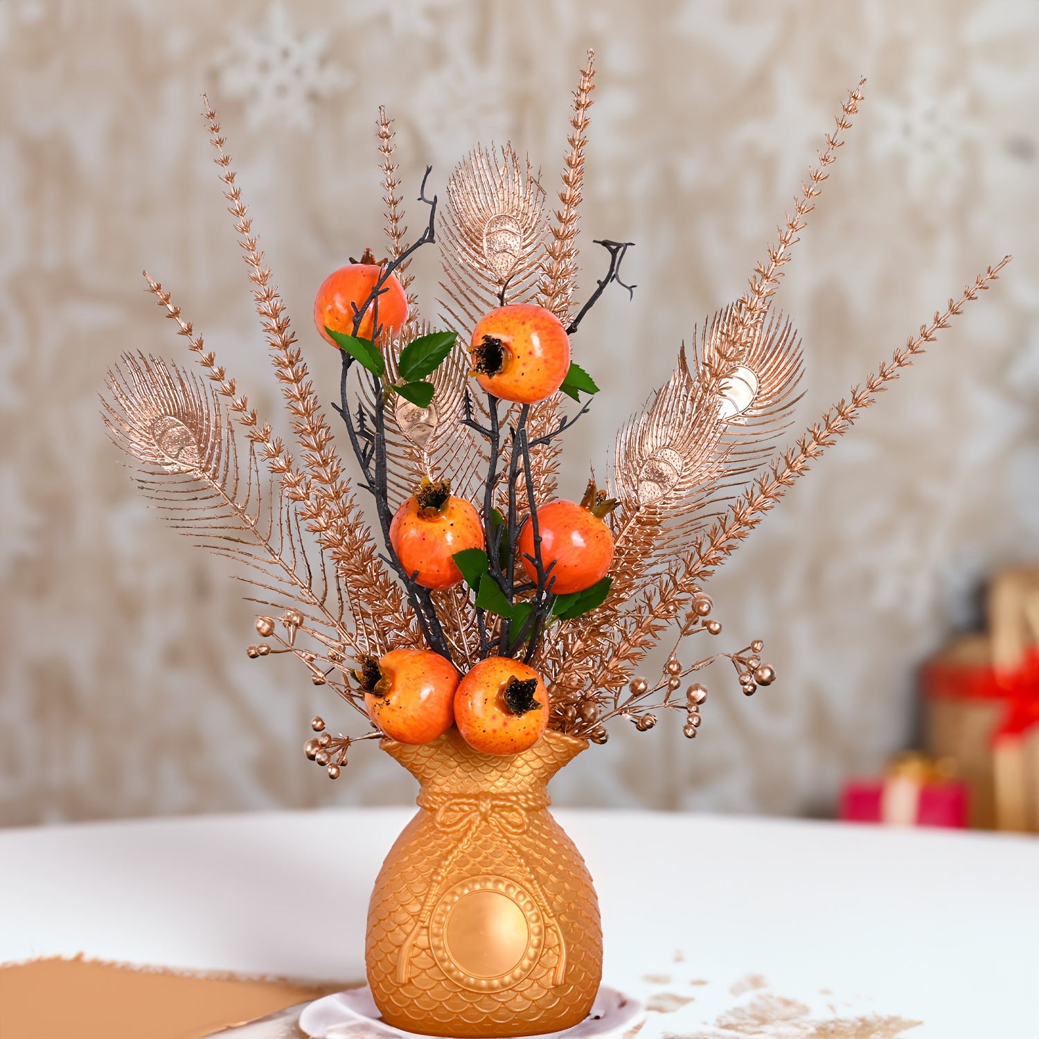 1set Plastic Artificial Flower, Romantic Golden Artificial Flower Stem For  Wedding Home Room Decoration, All Season