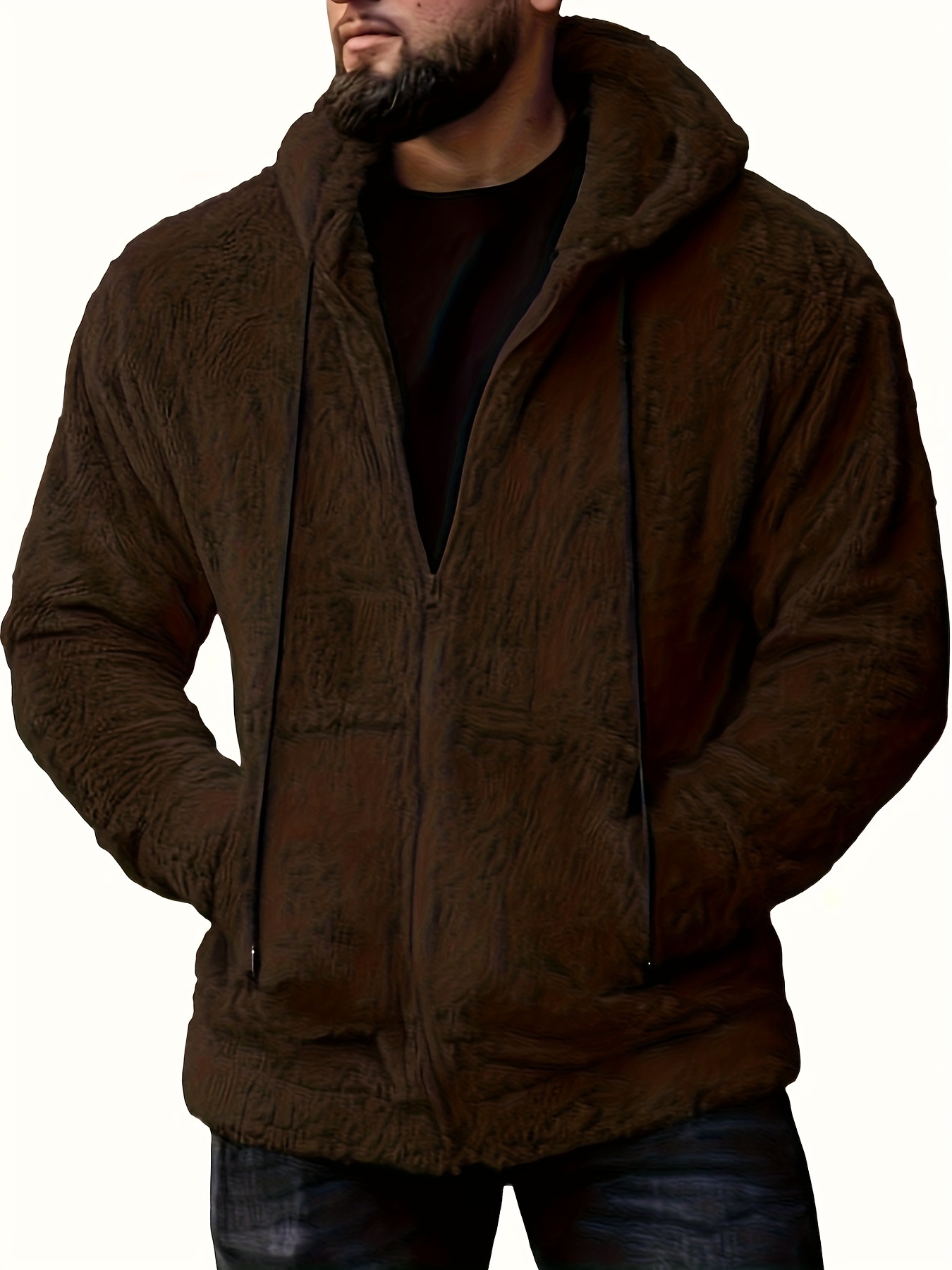 Solid Sherpa Lined Men's Fluffy Hooded Jacket Casual Polar - Temu