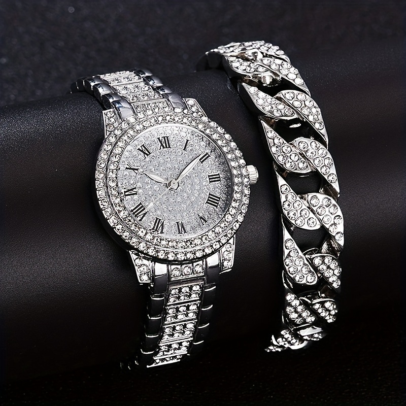 1/2 ピース/セット高級ラインストーンクォーツ時計ヒップホップファッションアナログ腕時計 ブレスレット 女性男性へのギ - Temu Japan