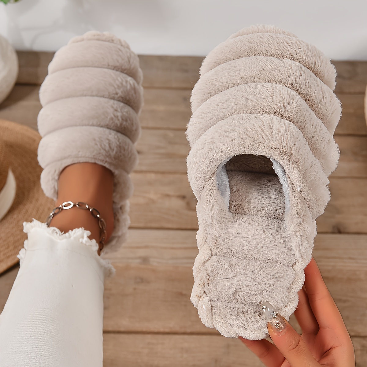 

Solid Color Fluffy Home Warm Slippers, Slip On Comfy Flat Closed Toe Soft Sole Shoes, Winter Plush Cozy Non-slip Shoes