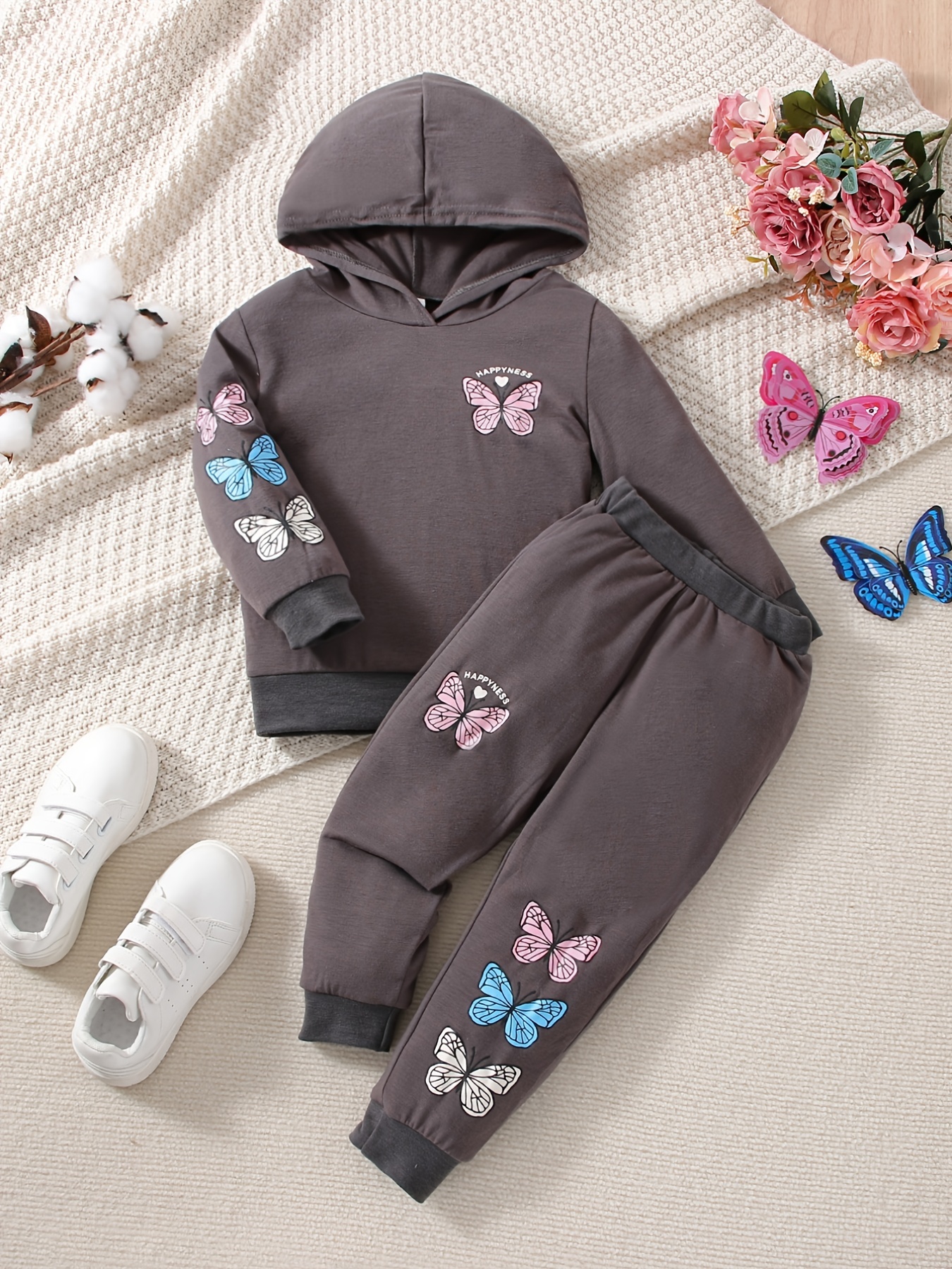 Girls Casual Cute Butterfly Print Hooded Sweatshirt & Sweatpants For Autumn  And Spring