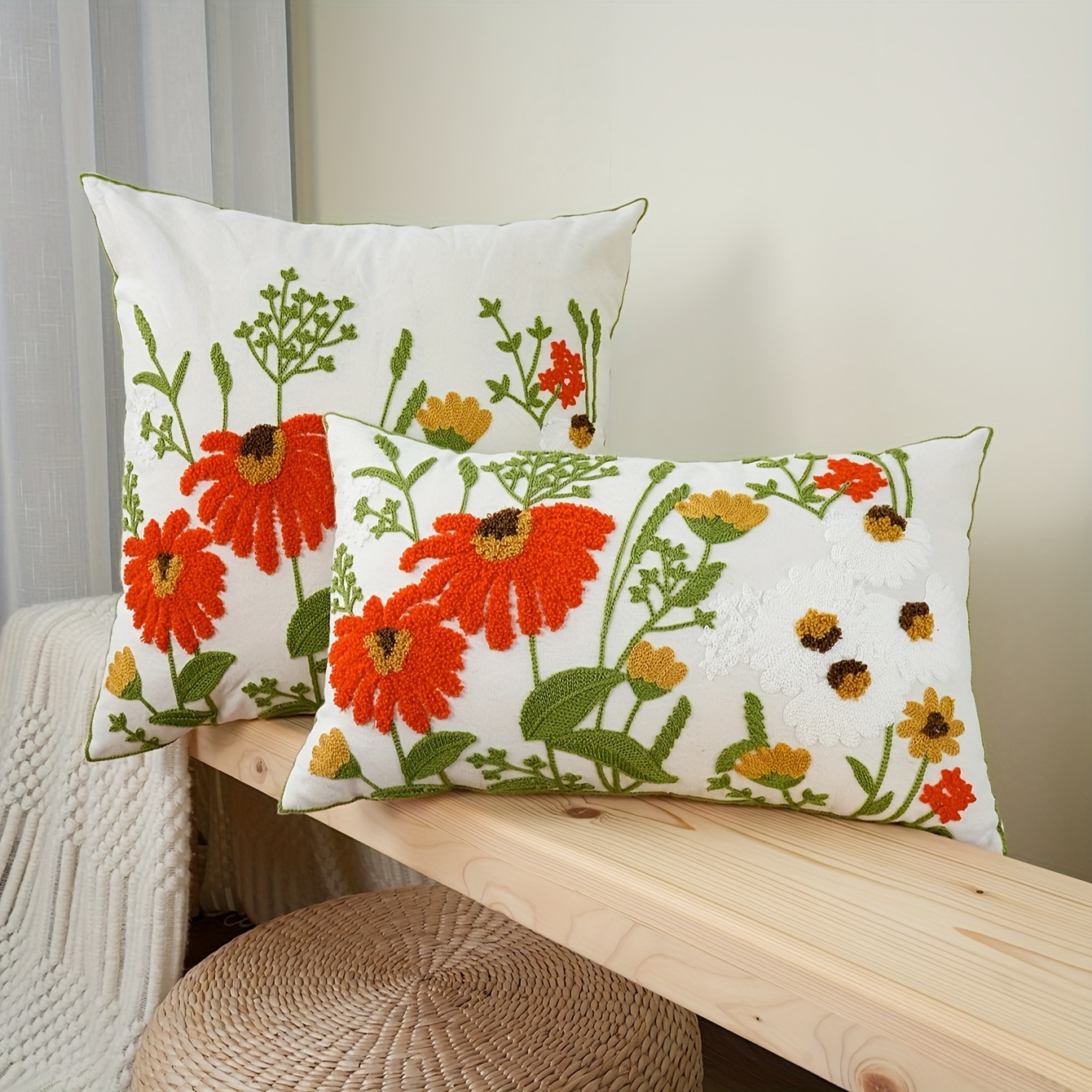 Cotton Canvas Floral Embroiderey Cushion Cover 45x45 Pillow Cover