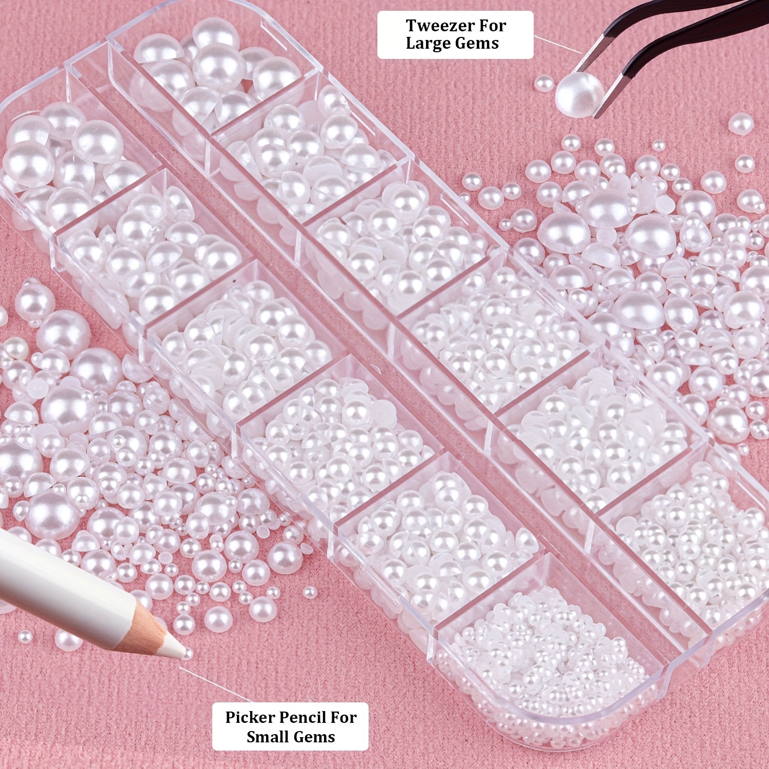 Flatback Nail Pearls Set With Tweezers And Pickup Pencil For Nail