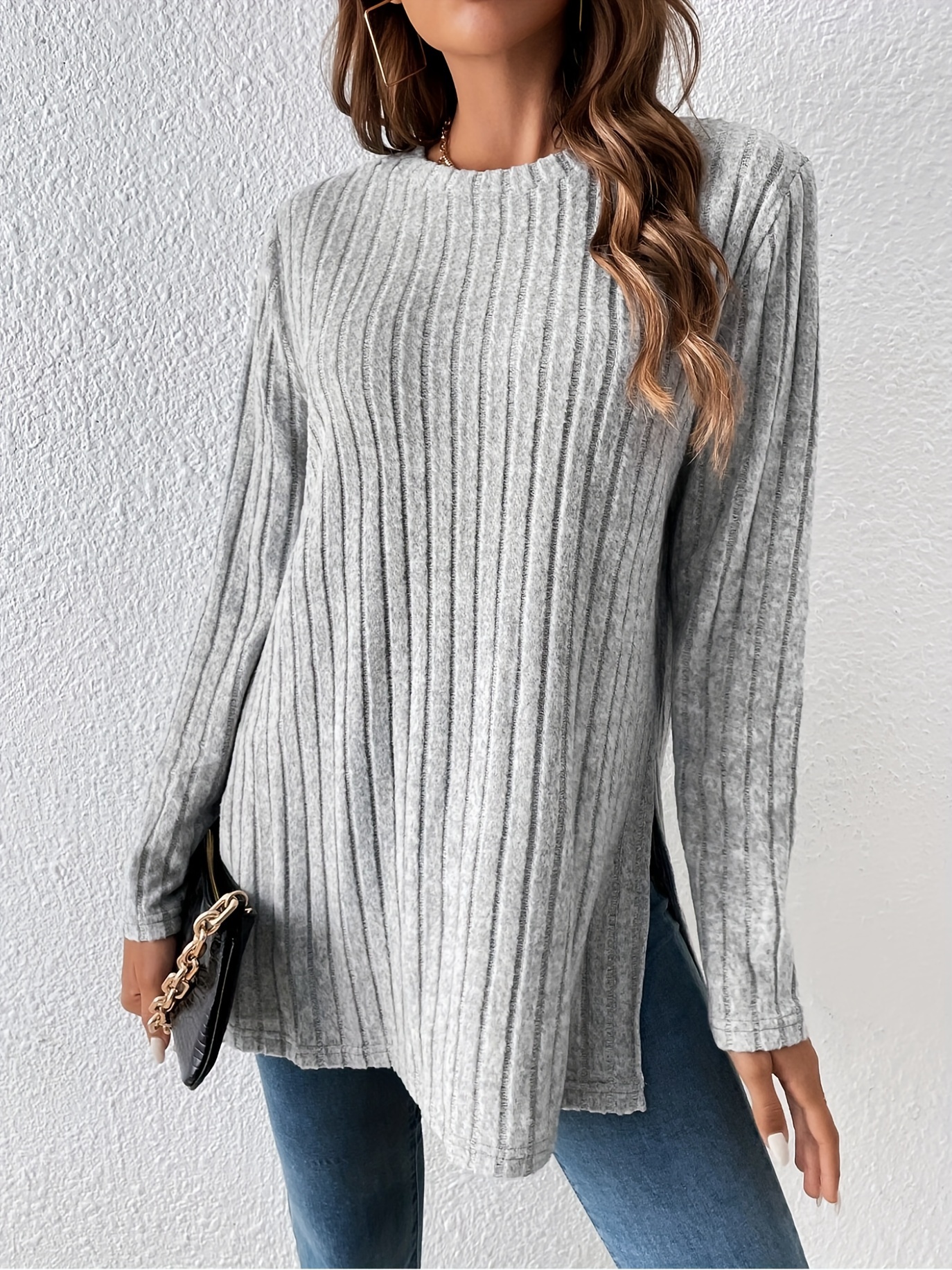 t shirt fendu à col rond haut décontracté à manches Temu Canada