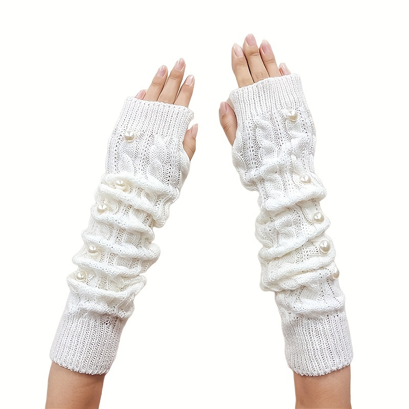 Velvet Wool Knitted Gloves Elegant Ribbed Fingerless Mitten Faux Pearl Decor Knit Gloves Solid Color Elastic Warm Gloves for Women,Temu