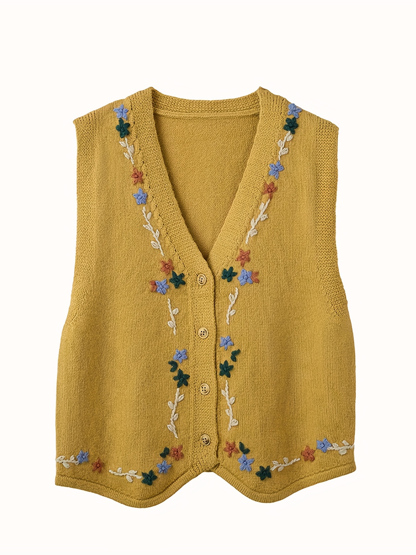Embroidered Sleeveless Knitted Vest Vintage Button Front V - Temu