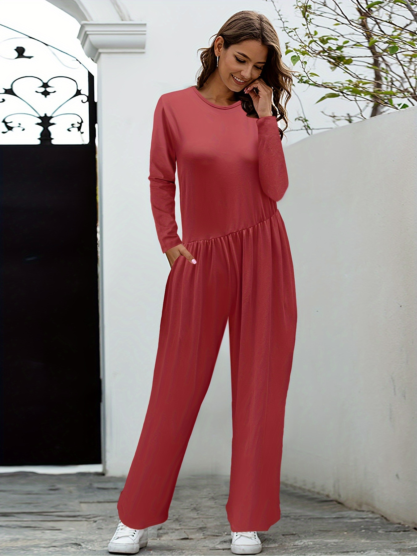 Ruched Simple Jumpsuit Casual Long Sleeve Solid Wide Leg - Temu Canada