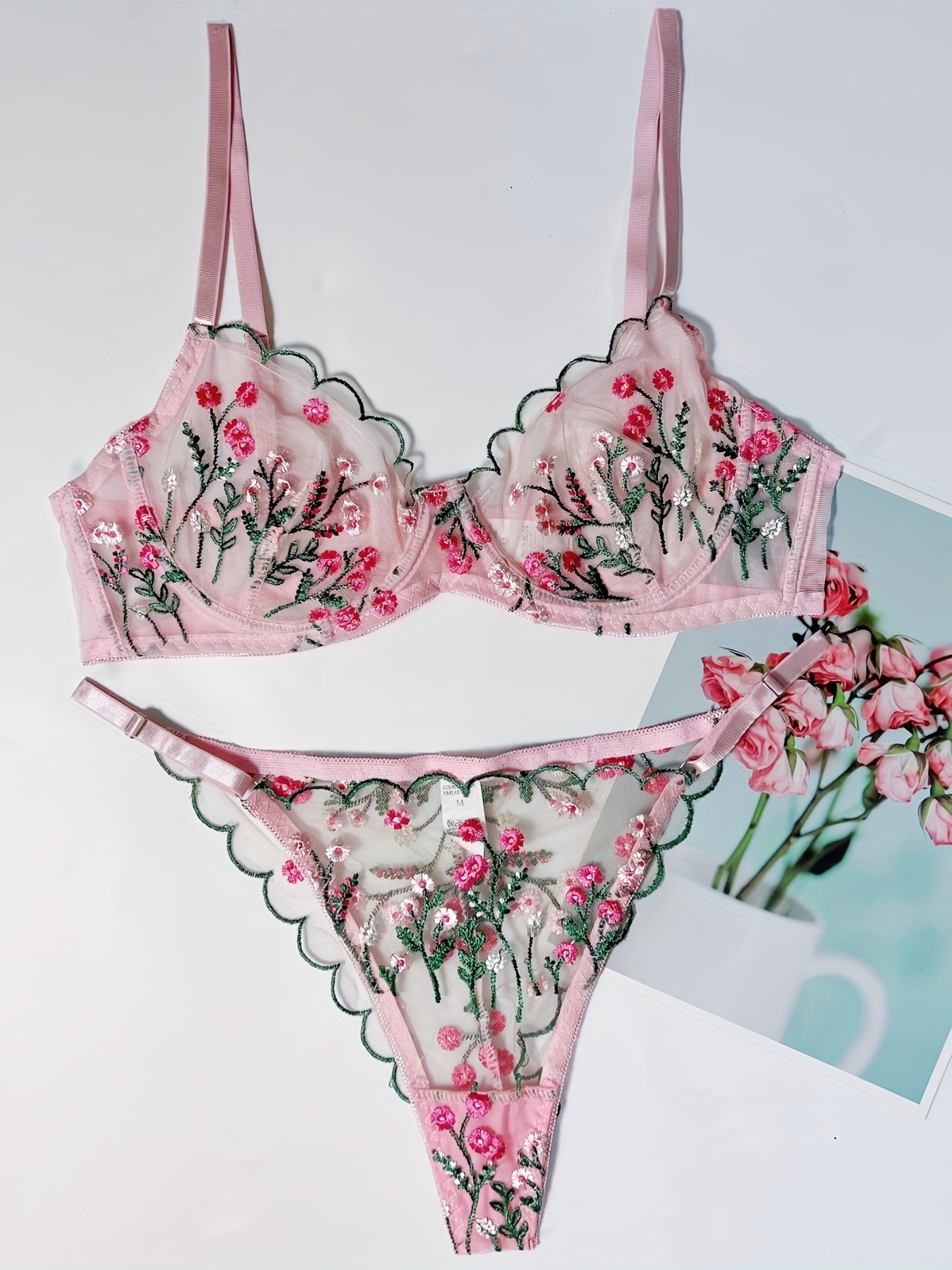 Floral Embroidery Lingerie Set Intimates Bra Thong Women's - Temu