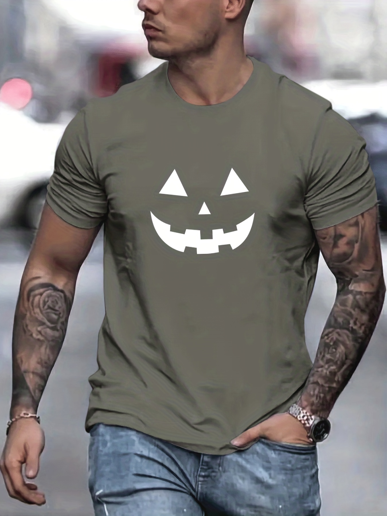 Devil Face Pattern T shirt Men's Casual Street Style Stretch