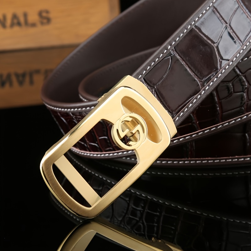 Mens Automatic Buckle Belt Double Layer Cowhide Leather Width 3 8cm 1 5in  Strong Pull Resistance