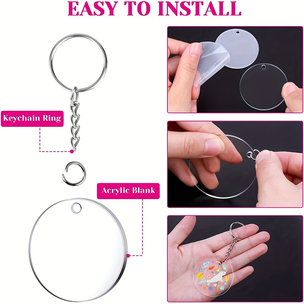 144pcs Blank Acrylic Keychain, Transparent Circular Acrylic Bulk DIY Handicraft Production, with Card Holder Plastic Bag, Vinyl Keychain,Temu