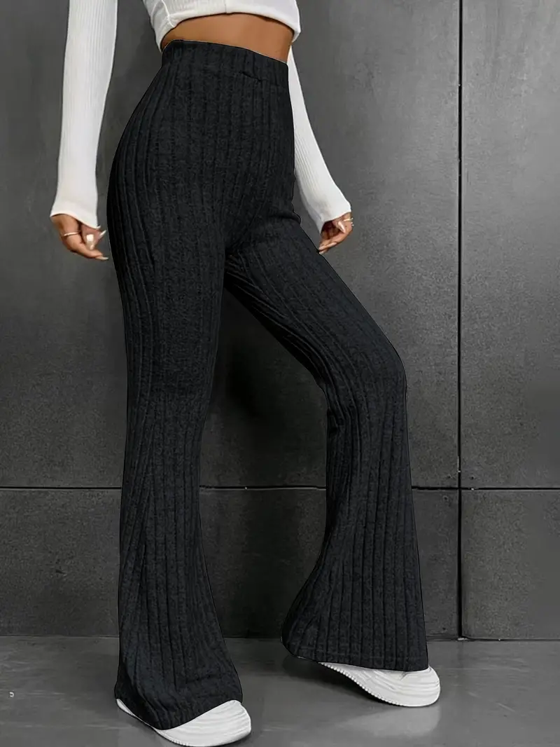 Ribbed Solid Flare Leg Pants Casual High Waist Pants Women's
